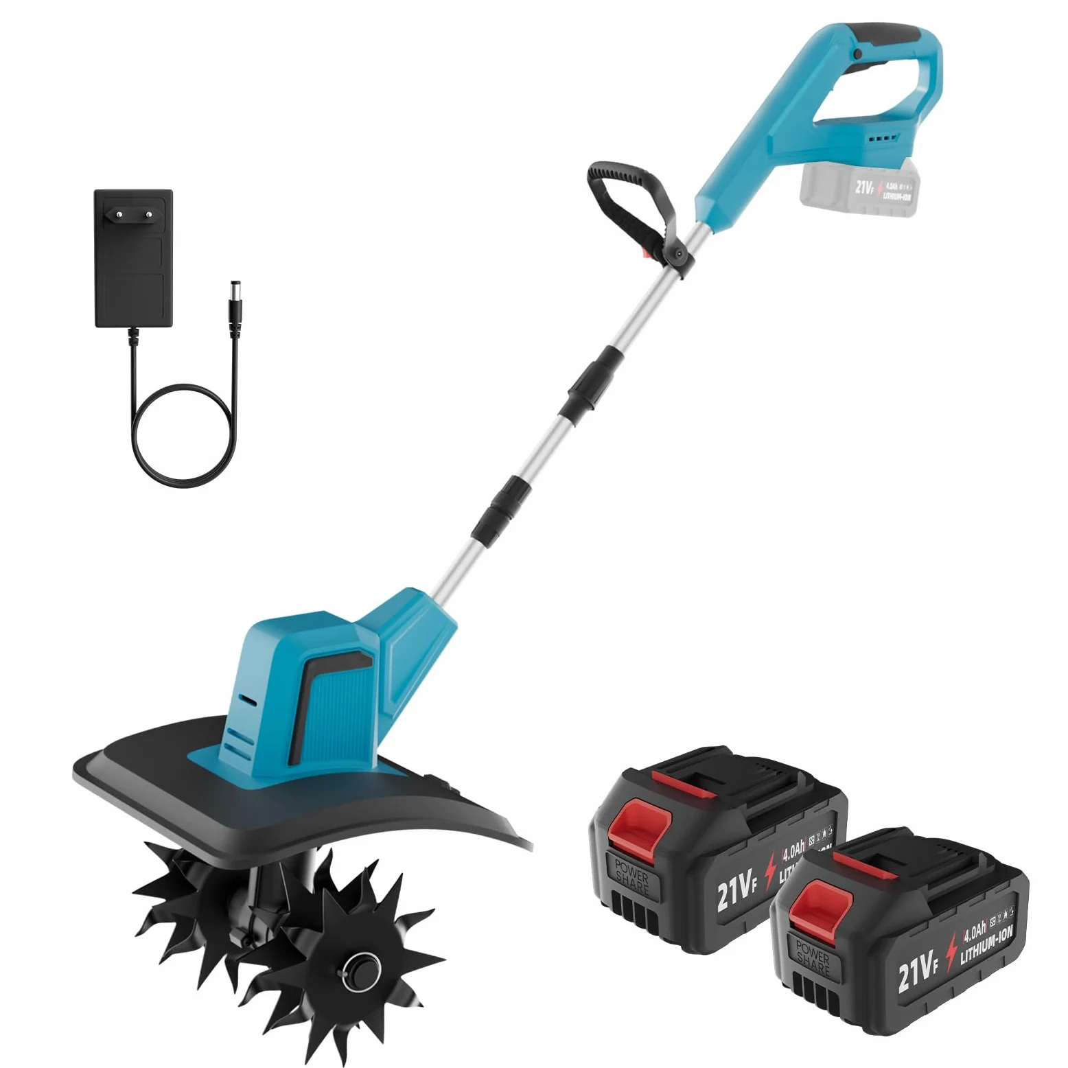 Motoazada Bateria, Motoazada Electrica con 2 Baterías 4.0Ah, 550W Motor Brushless, Ancho 20cm Profundidad 15cm, Motoazada Bateria con Mango Desmontable para Jardín, Huerto y Labranza del Suelo