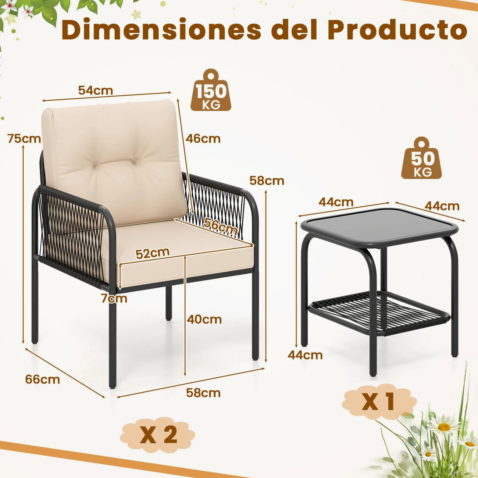 COSTWAY Conjunto Jardin Exterior de Ratan PE 3 Piezas, Mesa de Vidrio Templado, 2 Sillas con Cojines, Mesa y Sillas Muebles Jardin Terraza Balcon Exterior