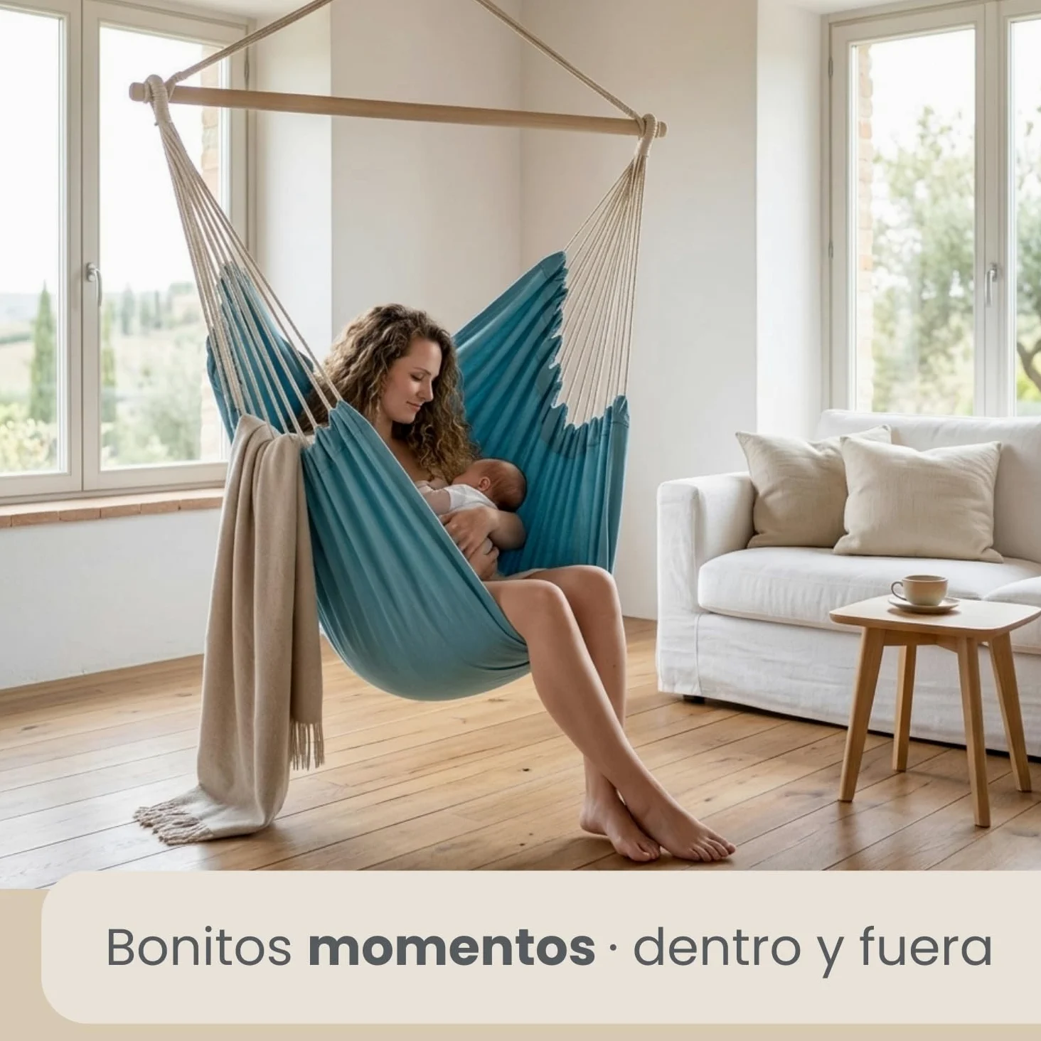 AMANKA Hamaca XXL para Toda la Familia | Asiento suspendido 190x140cm | 100% algodón | Hamaca para el jardín Peso máximo soportado 150 kg | Color Azul Pacifico