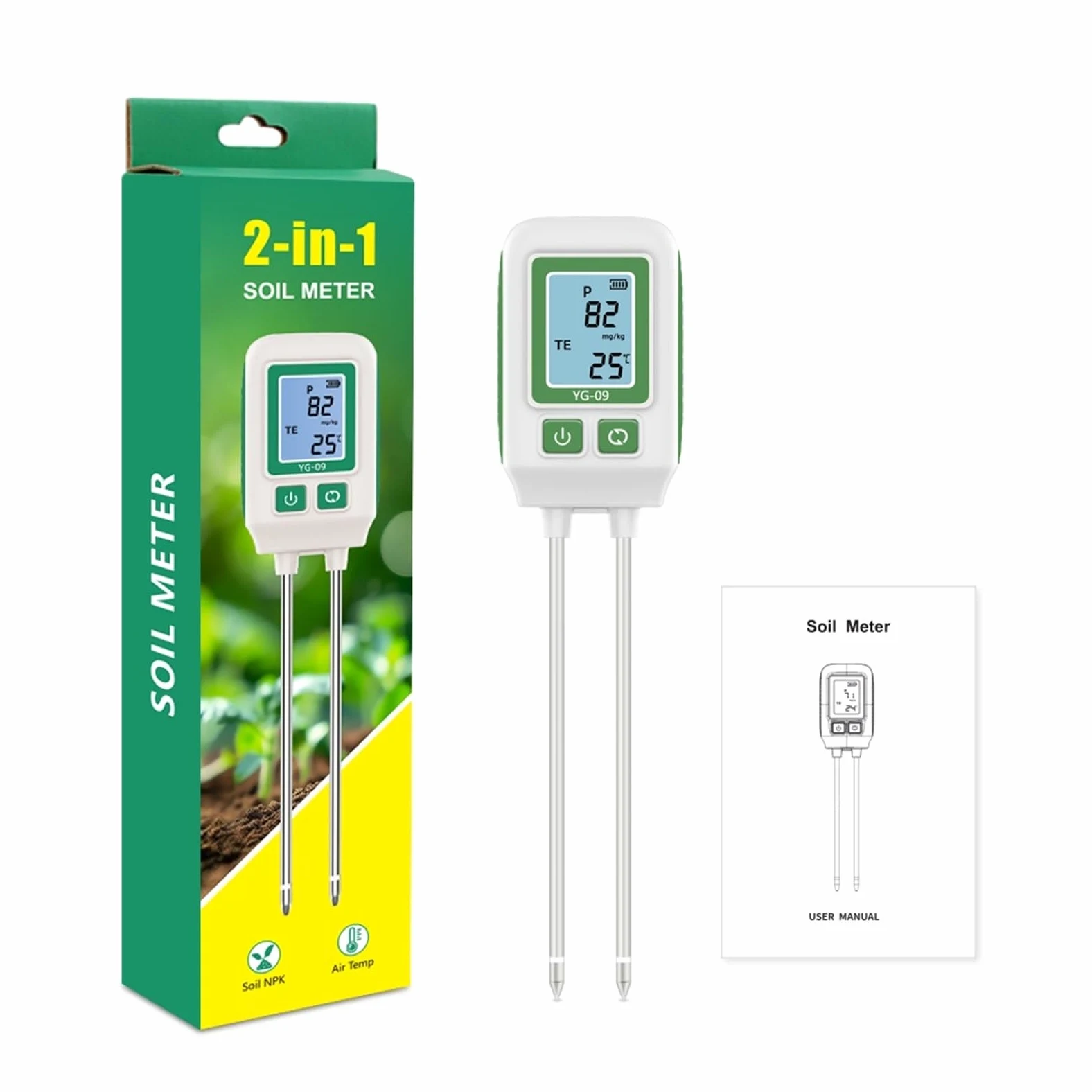 Medidor de humedad del suelo, Analizador de suelo con doble aguja, detector de nitrógeno, fósforo y potasio, comprobador de fertilidad for jardín. Para jardinería y agricultura