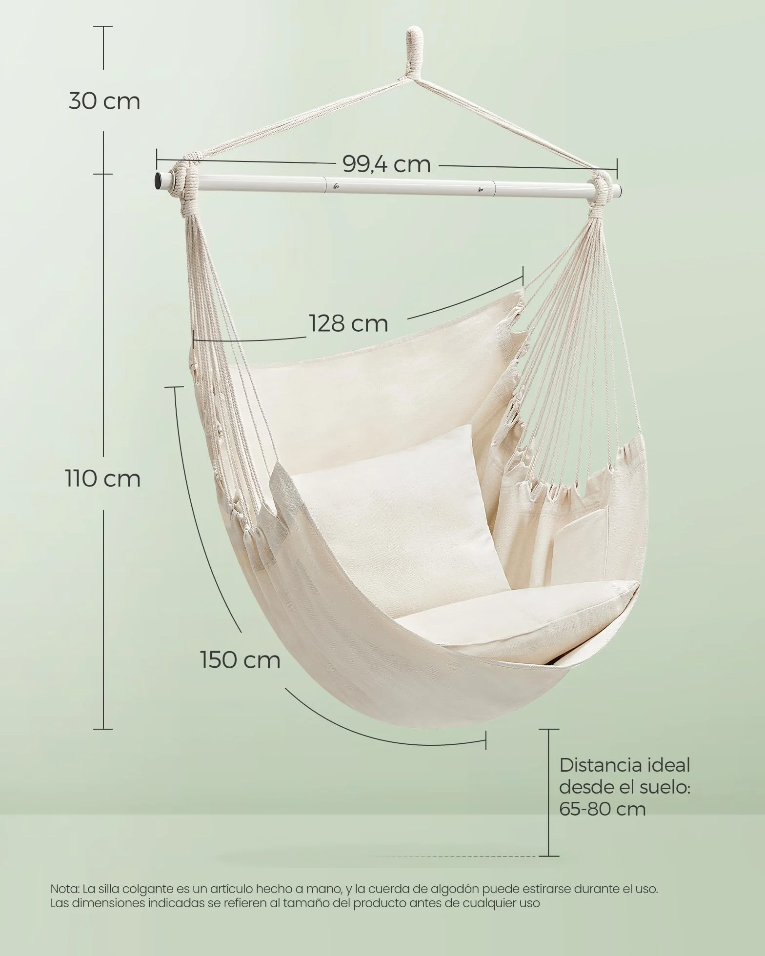 SONGMICS Silla Hamaca, Silla Colgante Grande con 2 Cojines, Silla Colgante con Cadena, Capacidad de Carga 150 kg, para Interior, Exterior, Salón, Dormitorio, Blanco Crema GDC197M01