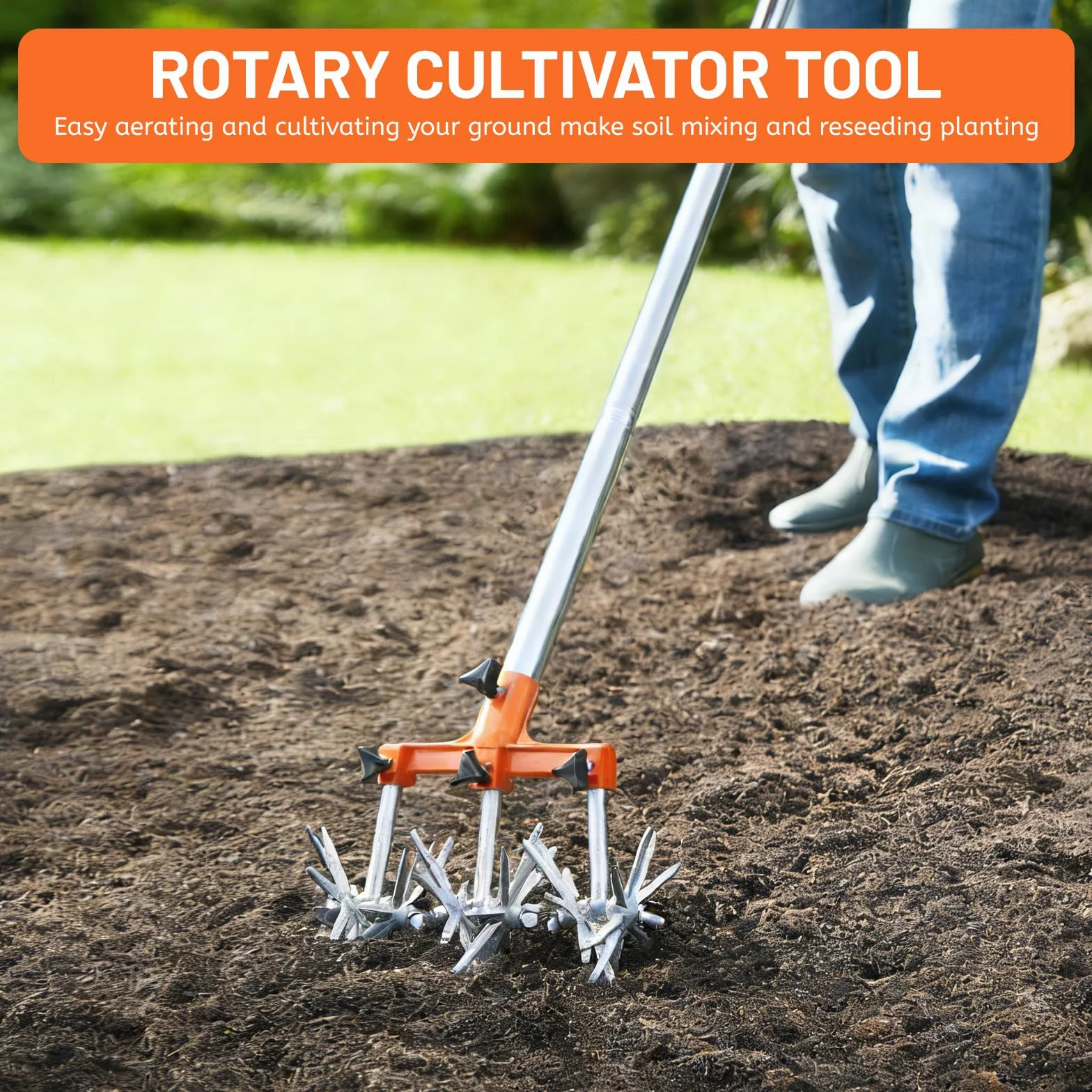 DBREAKS Cultivador Giratorio con Mango Ajustable de Acero Inoxidable, Giroscopio retráctil de Mango Largo con Dientes extraíbles para aflojar y Mezclar Tierra