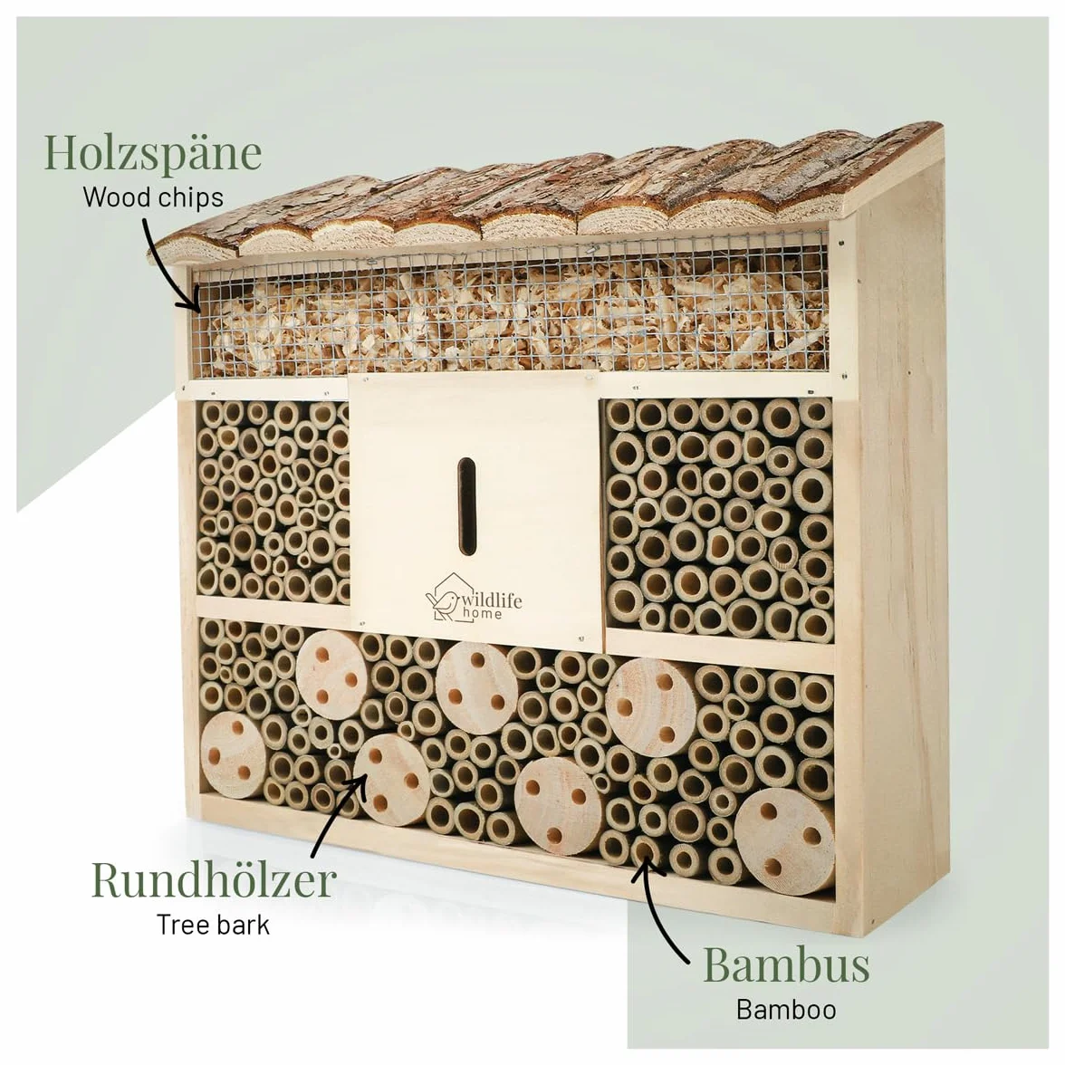 WILDLIFE HOME Hotel para insectos con techo de corteza I Sin tratar, casa de abejas de madera maciza para abejas, mariquitas y crisopas, casa de insectos I Nido para colgar hotel para insectos