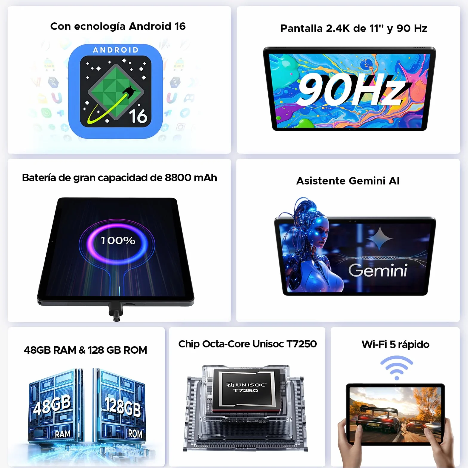 P11 Pro Tablet Android 16 2.4K 90Hz 11 Pulgadas Gemini AI 48GB RAM 128GB ROM T7250 Octa-Core 13MP 5MP 8800mAh 5G WiFi Negro