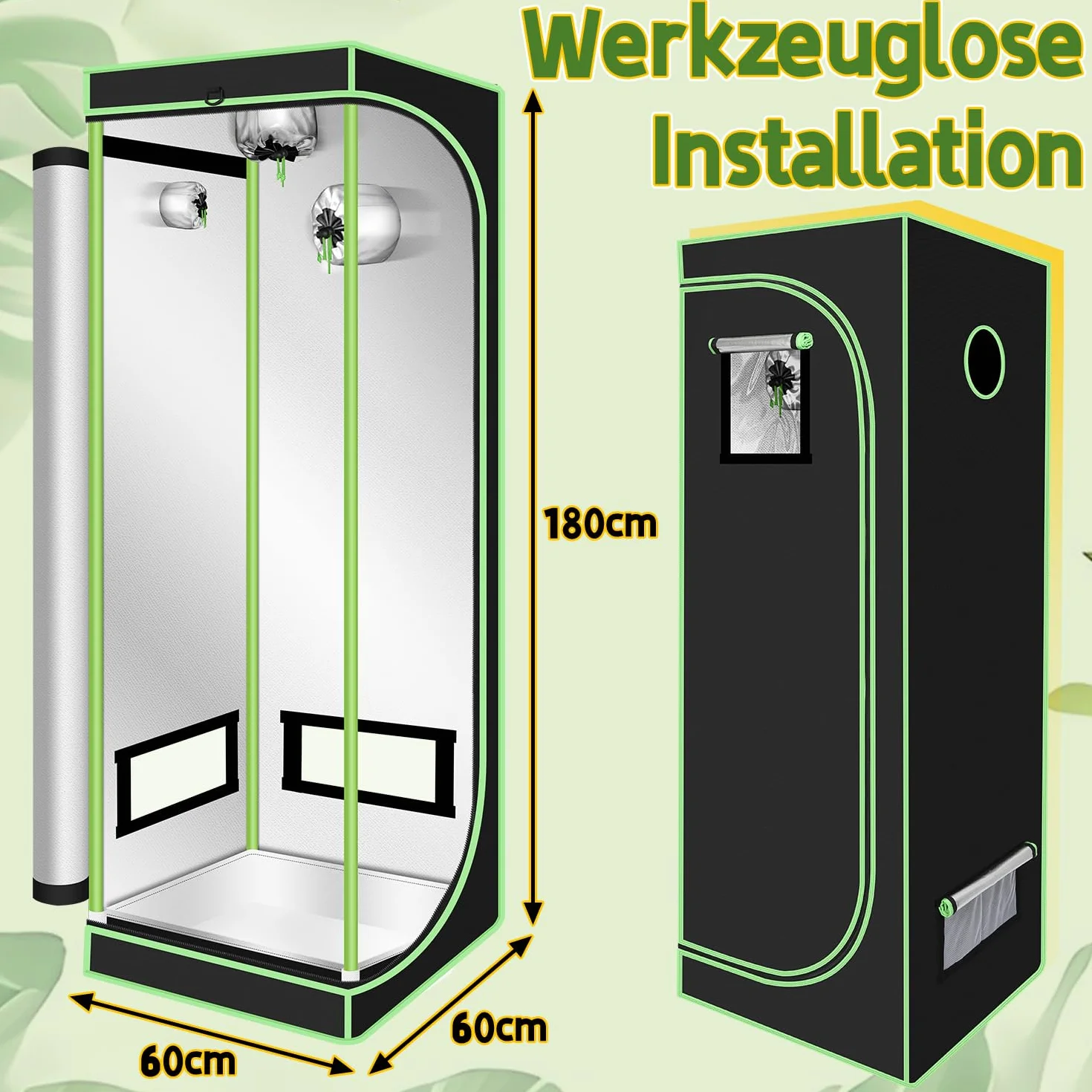 Tienda de cultivo 60x60x180 cm, 600D Oxford con ventana, resistente a la luz y al agua, armario interior