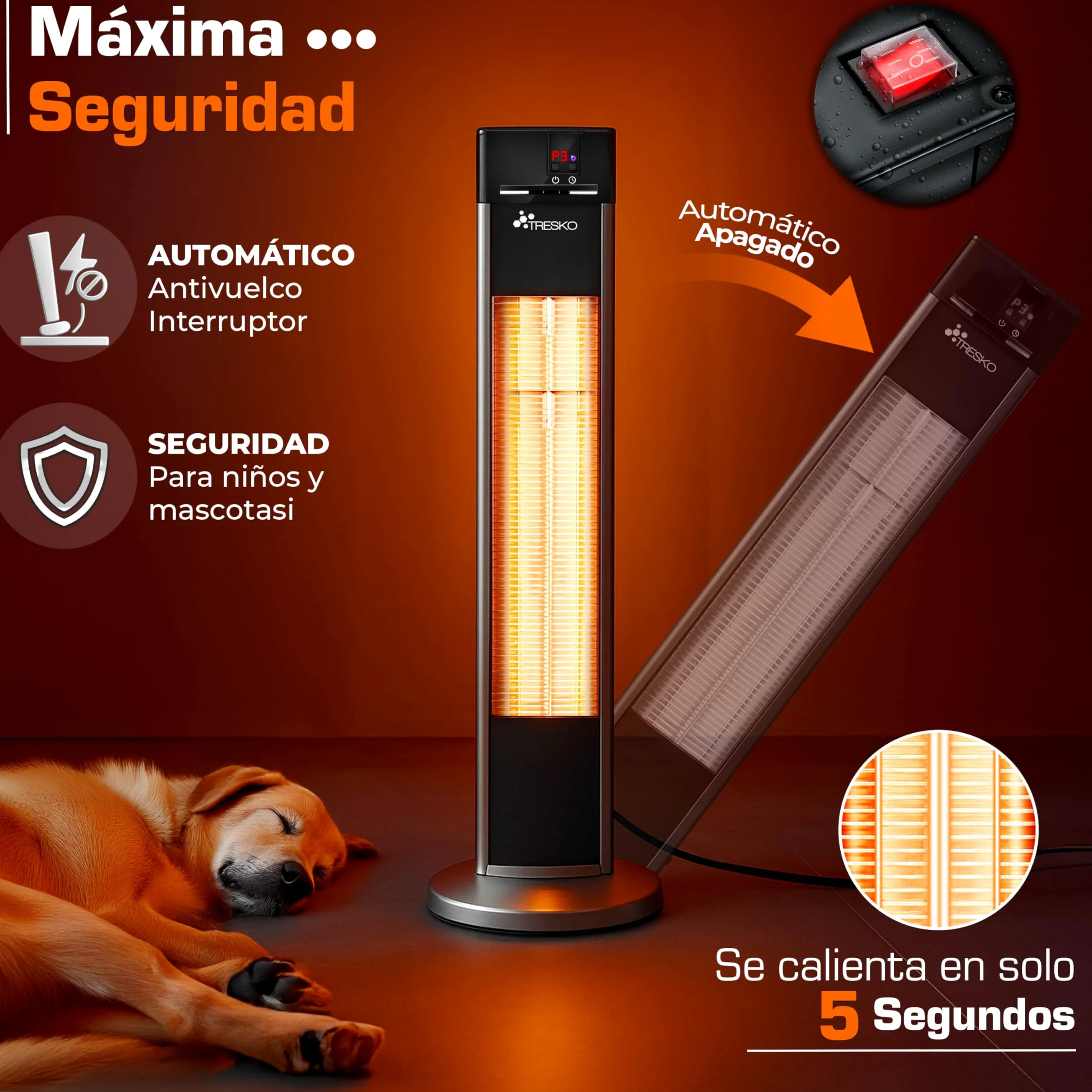 TRESKO Calefactor por Infrarrojos 2000W Control Remoto Estufa Radiante 3 Temperaturas Radiador Eléctrico Exterior Interior Calentador Pantalla LED