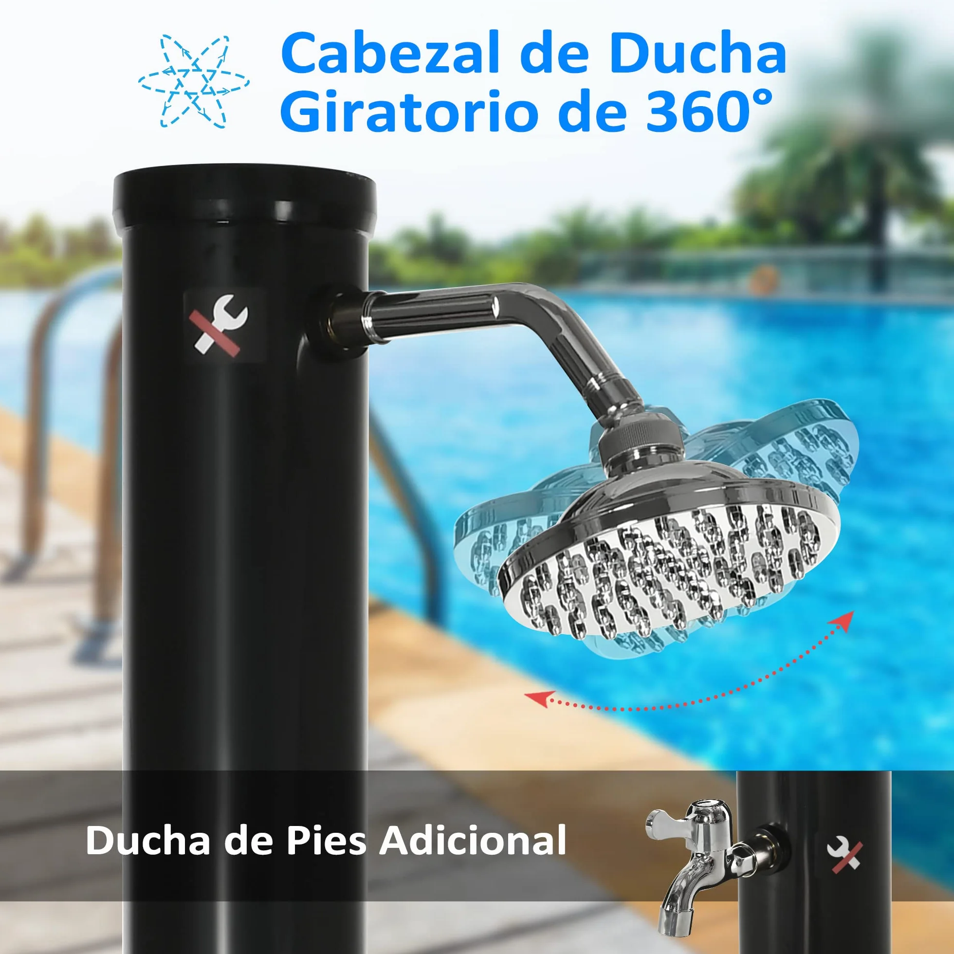 Outsunny Ducha Solar de Jardín 20L Ducha Exterior con Cabezal de Ducha Redondo Grifo Agua Caliente Máx. 60℃ y Ducha para Pies para Piscina Patio Playa 15,5x15,5x222 cm Negro