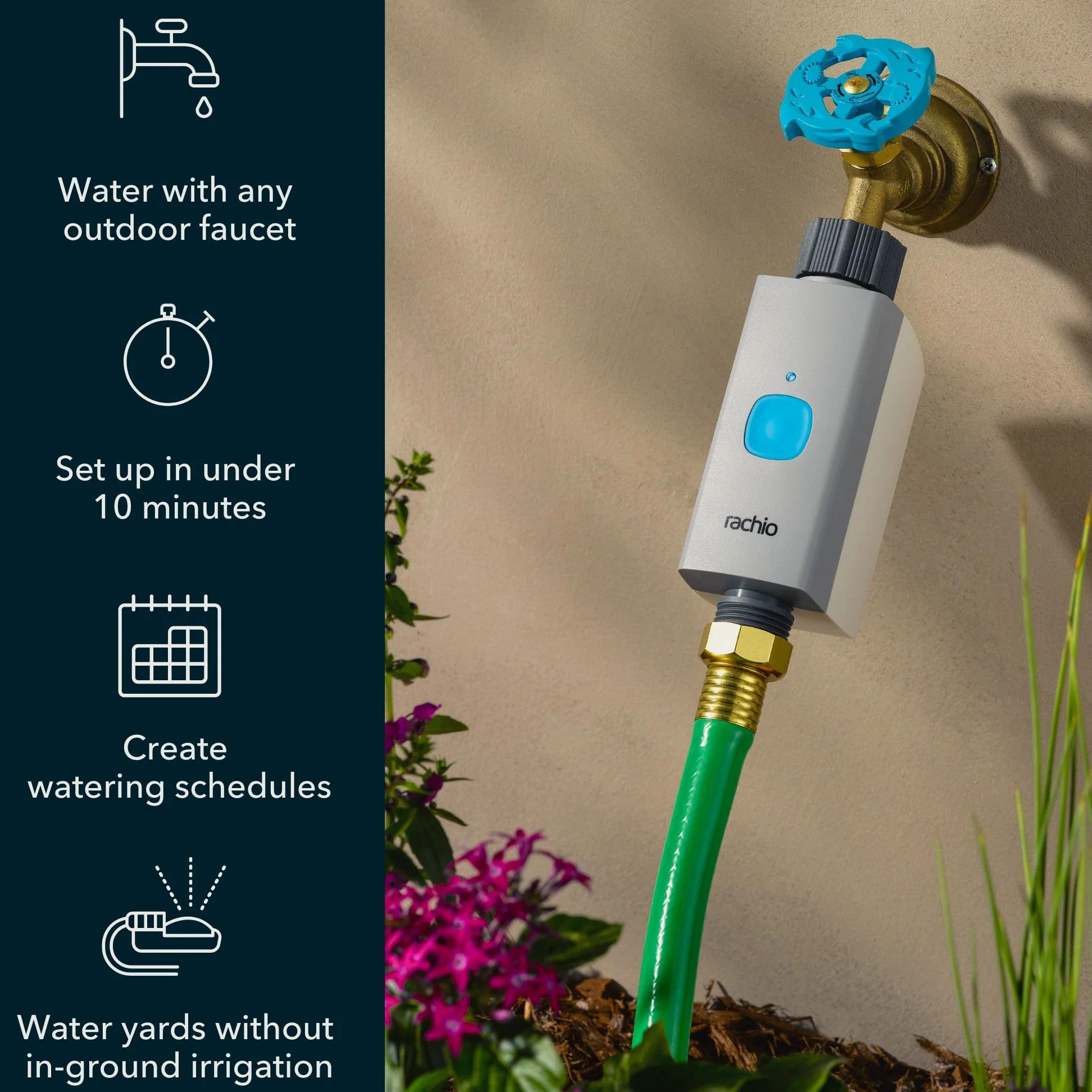 Rachio Temporizador Inteligente de Manguera con hub WiFi para riego al Aire Libre. Fácil instalación del Grifo, automatiza los horarios de Agua y aspersor para el Cuidado del césped, jardín y Patio.