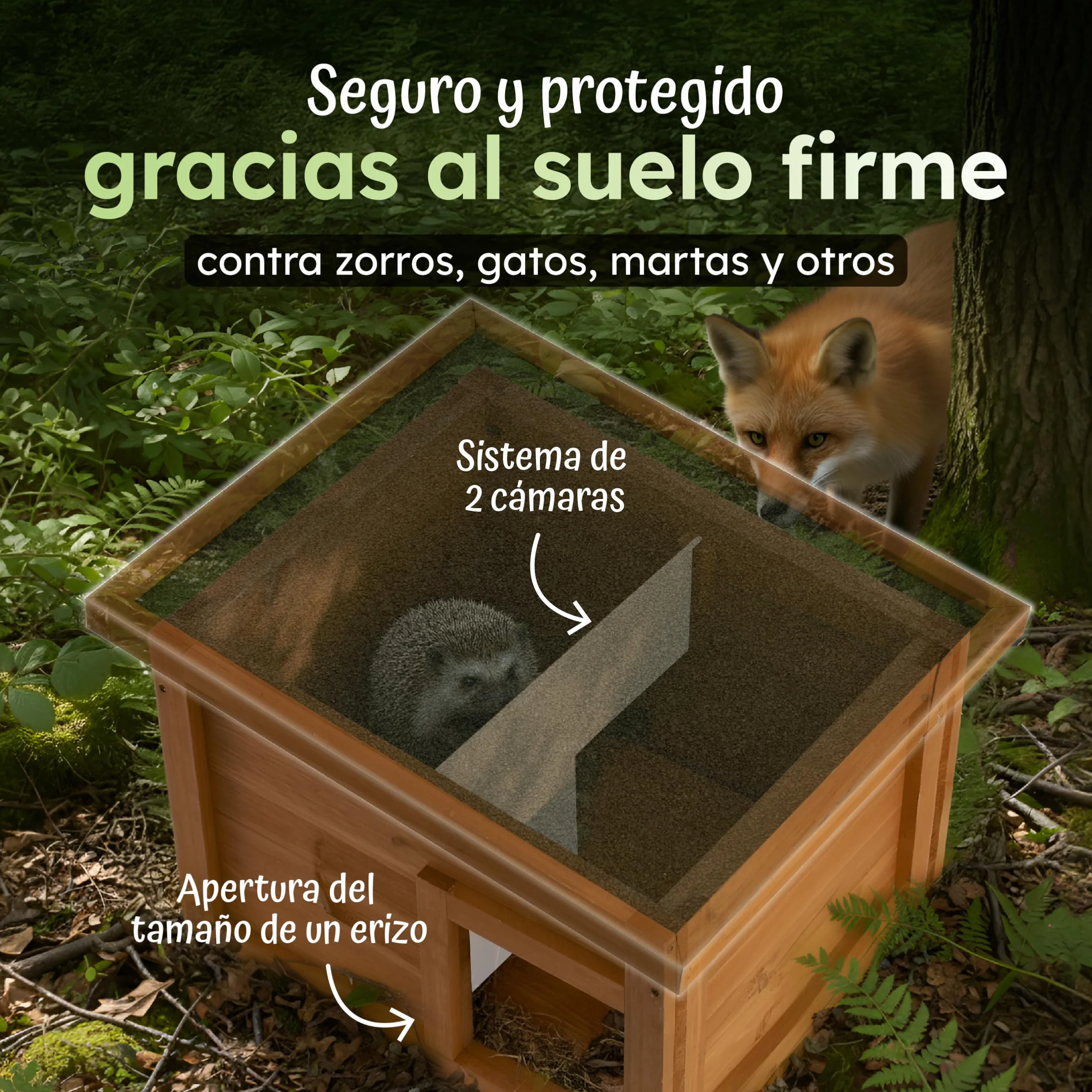Moorland Casa de hibernación para erizos – Refugio de Invierno en Madera FSC 40×34 cm, Entrada laberíntica ventilada, Base, Techo extraíble, Resistente a la Intemperie para jardín