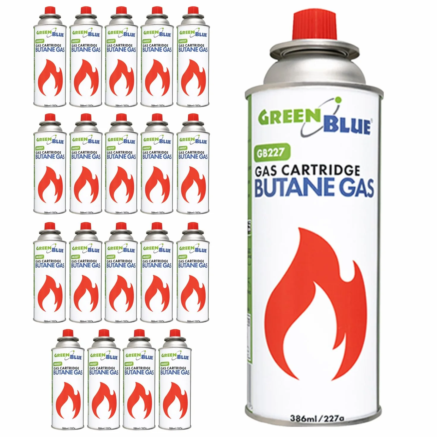 Green Blue GB227 Cartucho de Gas de 227 g (386 ml) de butano, con Rosca EN417 y válvula automática Reutilizable para hornillos de Camping | Rango de Temperatura: de -10 °C a +40 °C (56, Incoloro)