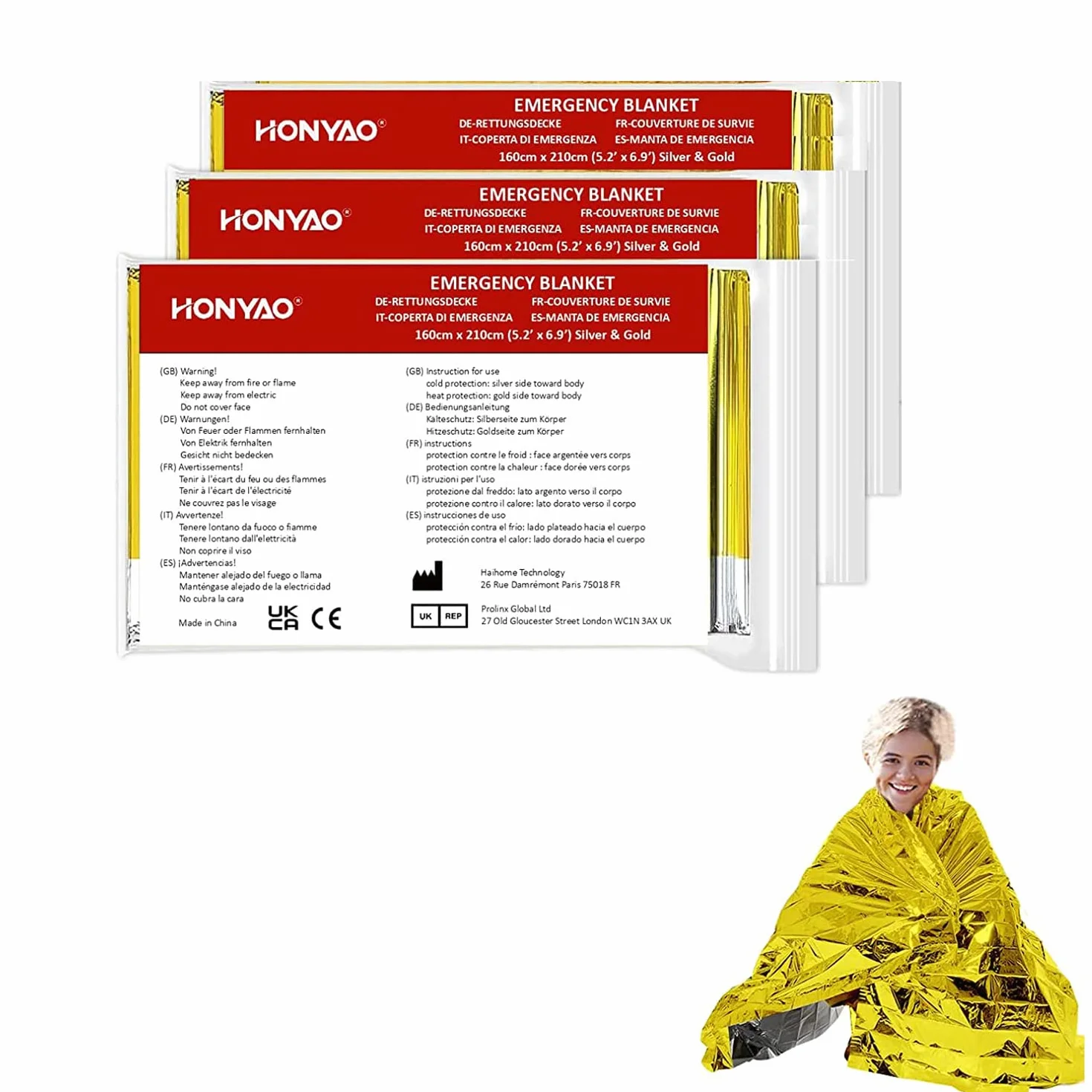 HonYao Manta Térmica Supervivencia 3 Piezas Oro Plata 210x160 cm Rescate Frío Lluvia Viento