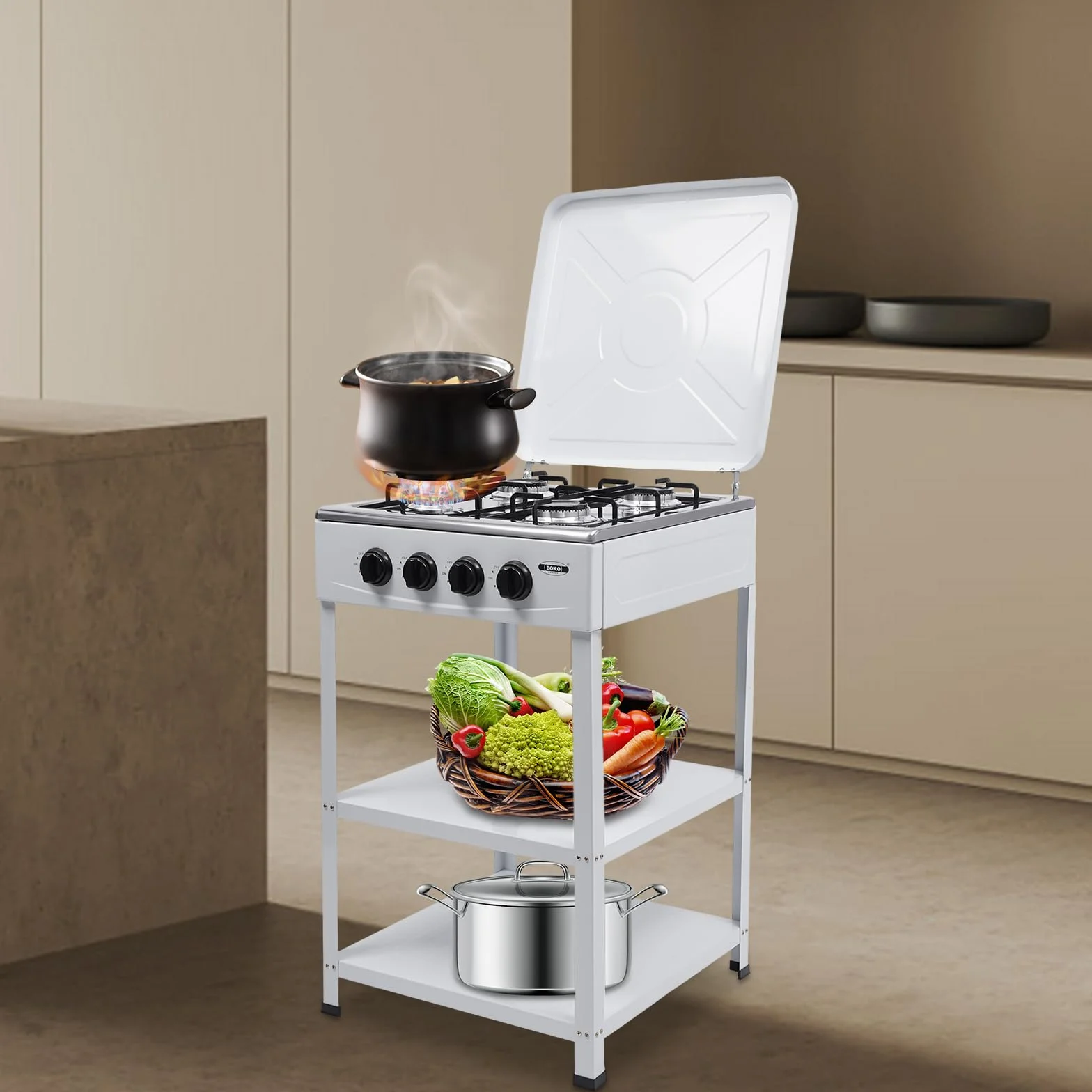 Cocina de gas de 4 llamas, cocina de gas al aire libre, con tapa, portátil, de acero inoxidable, para restaurante comercial, cocina, camping y picnic, color blanco
