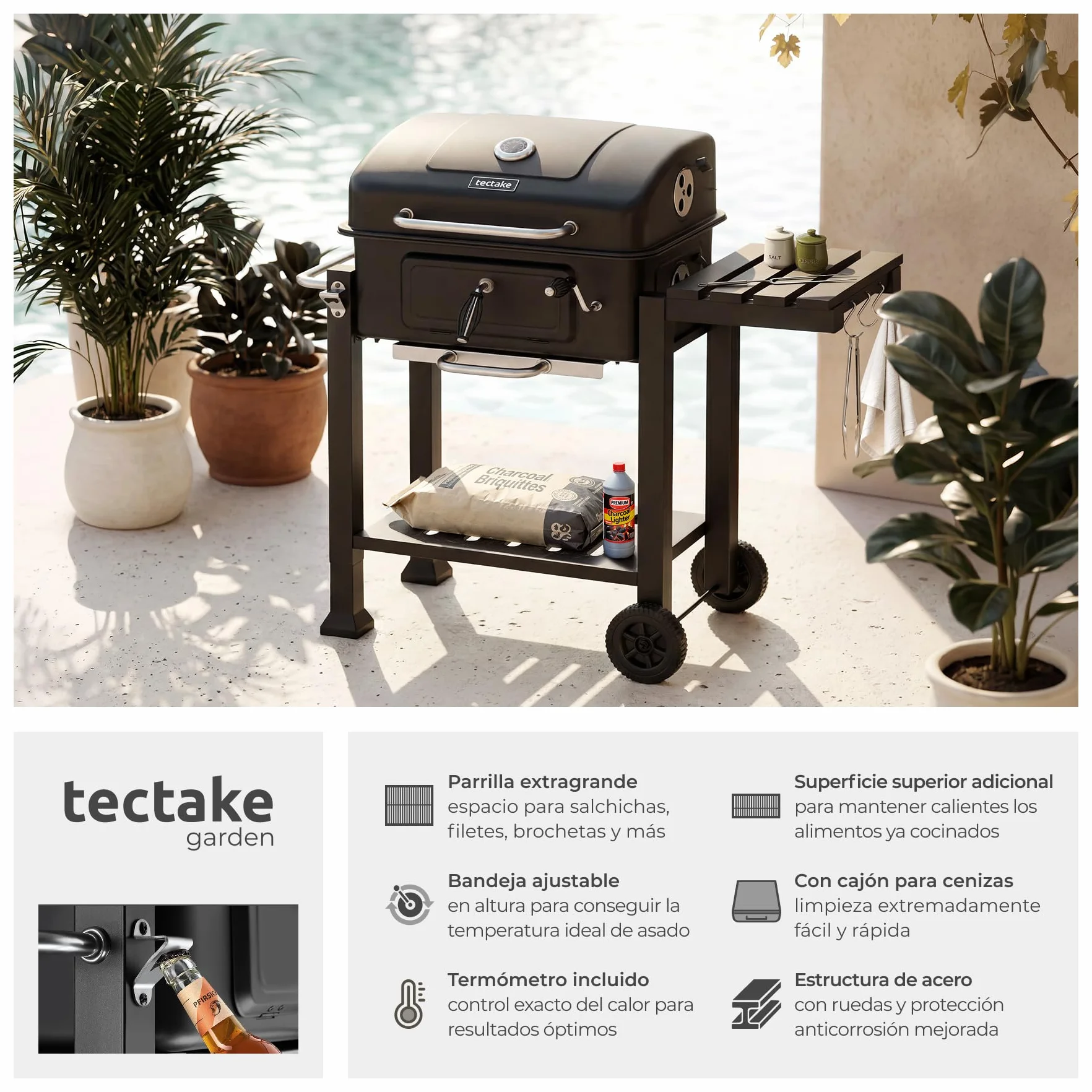 tectake® Barbacoa de Carbon con Tapa, Parrilla Barbacoa Carbon, BBQ Grill, Bandeja Regulable, Termómetro y Ruedas, con Ahumador de Alimentos, Asador de Carne - 64 x 110 x 104 cm