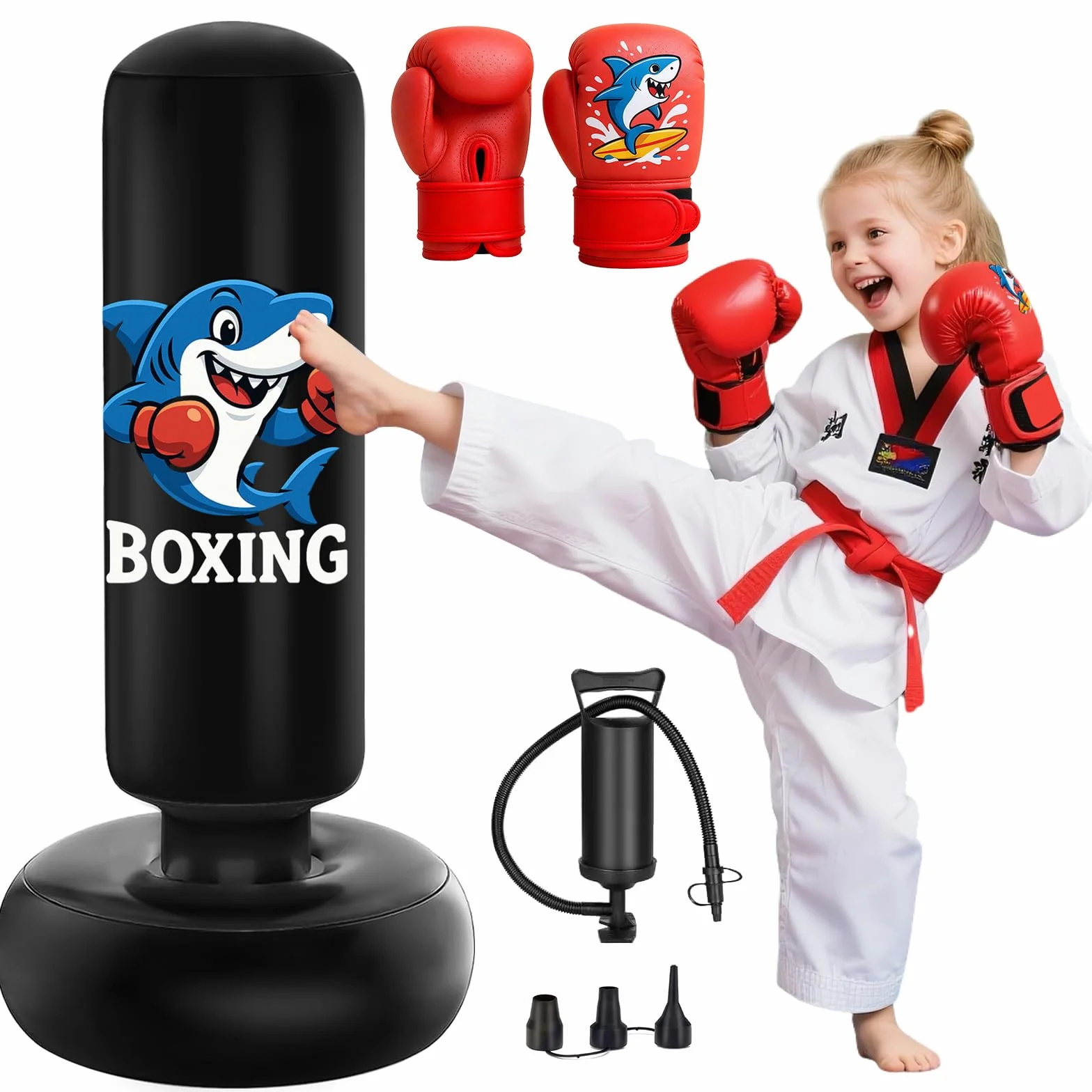 Saco de Boxeo Niños 3-8 Años 130cm con Bomba de Aire y Guantes, Bolsa de Boxeo Inflable para Karate Kickboxing MMA