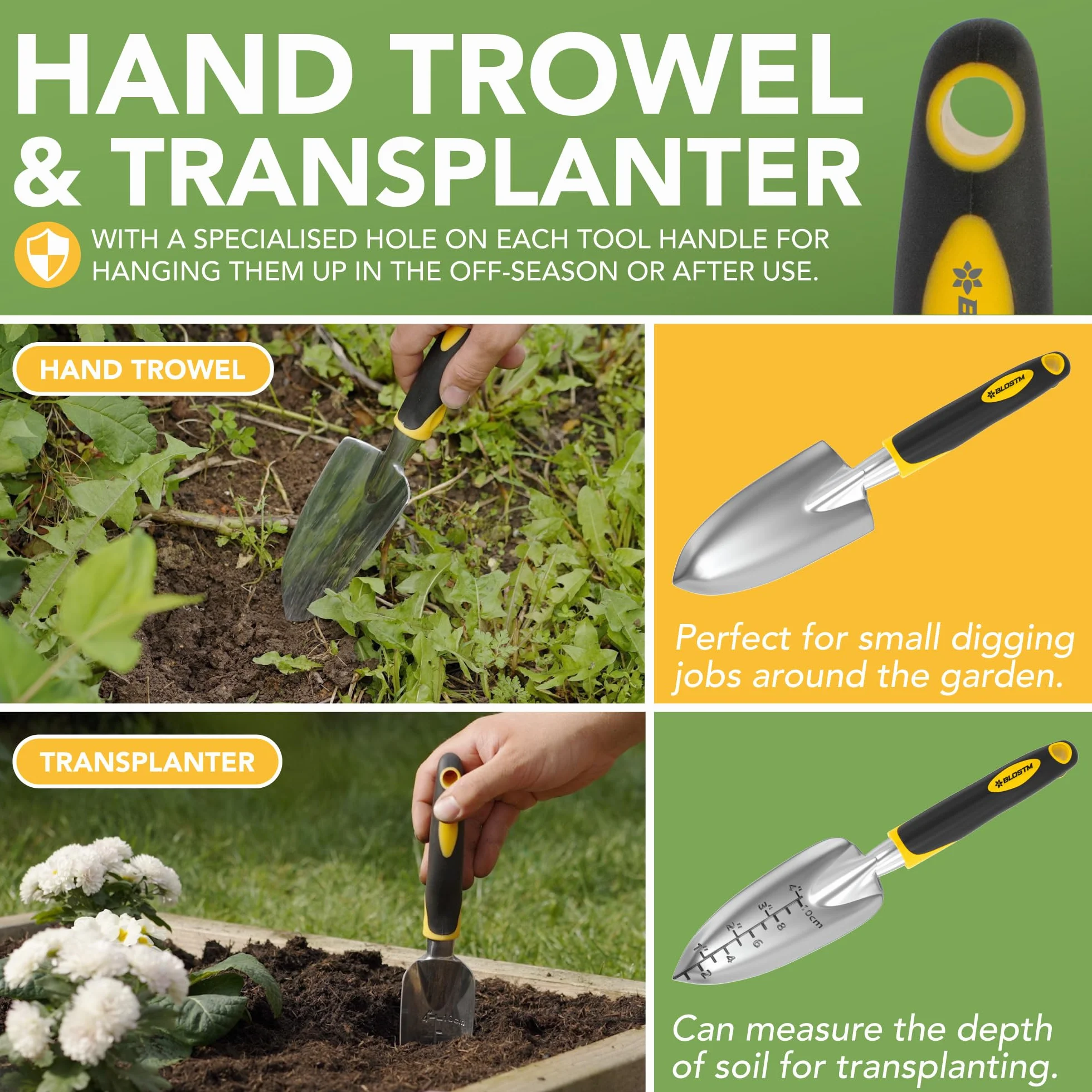 BLOSTM - Juego de herramientas para jardinería (11 piezas, herramientas de jardín, resistentes con bolsa de transporte impermeable, asas ergonómicas, pequeña pala jardinería, herramientas – Kit de