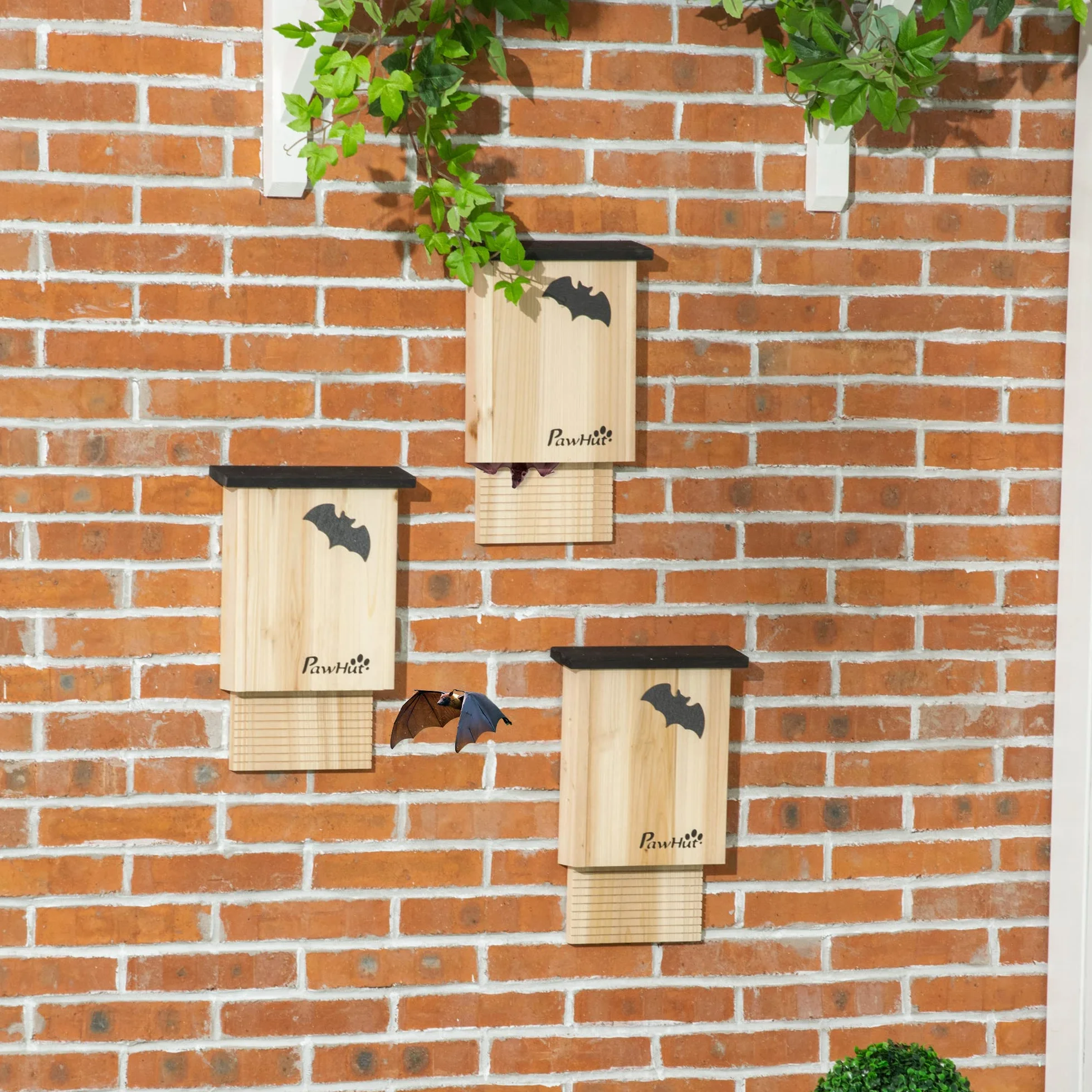 PawHut Juego de 3 Cajas para Murciélagos, Casa Nido para Colgar en Verano e Invierno, Madera de Abeto, 25 x 6 x 37,5 cm, Naturaleza