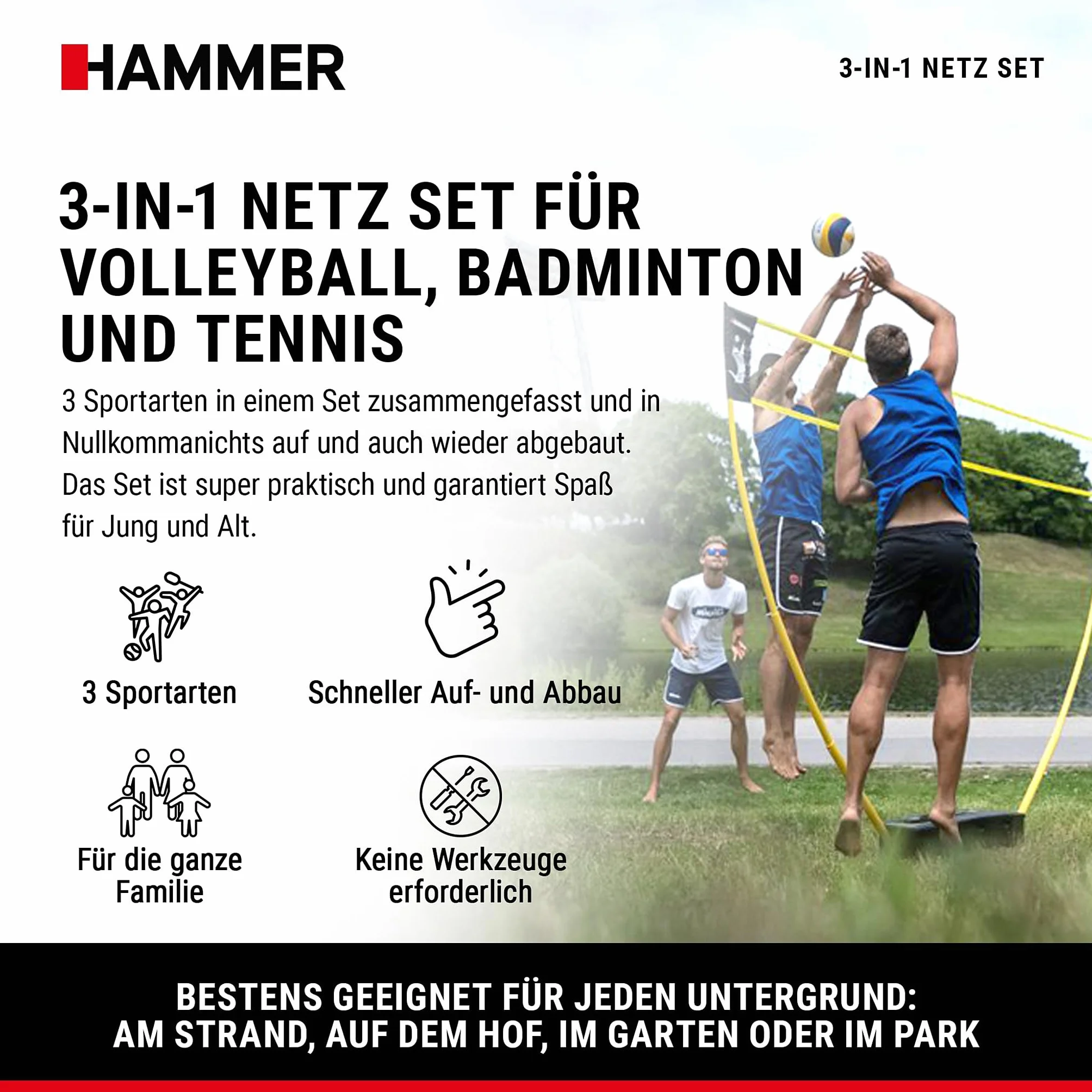 Hammer Set de Red 3 en 1 - Red Móvil de Voleibol, Bádminton y Tenis