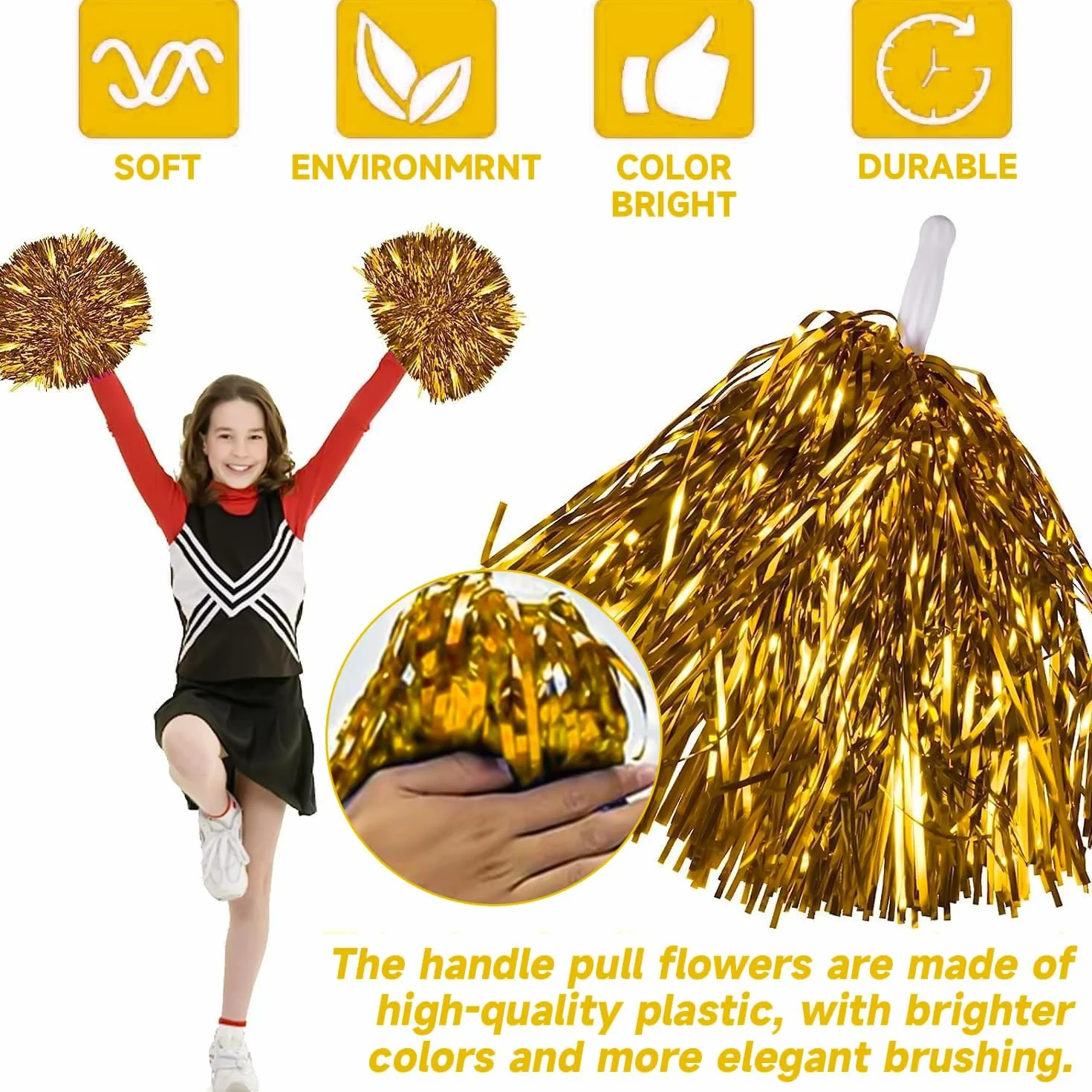 Pompones de Animadora con Mango, Plástico, para Competición Deportiva y Baile, 2 Piezas