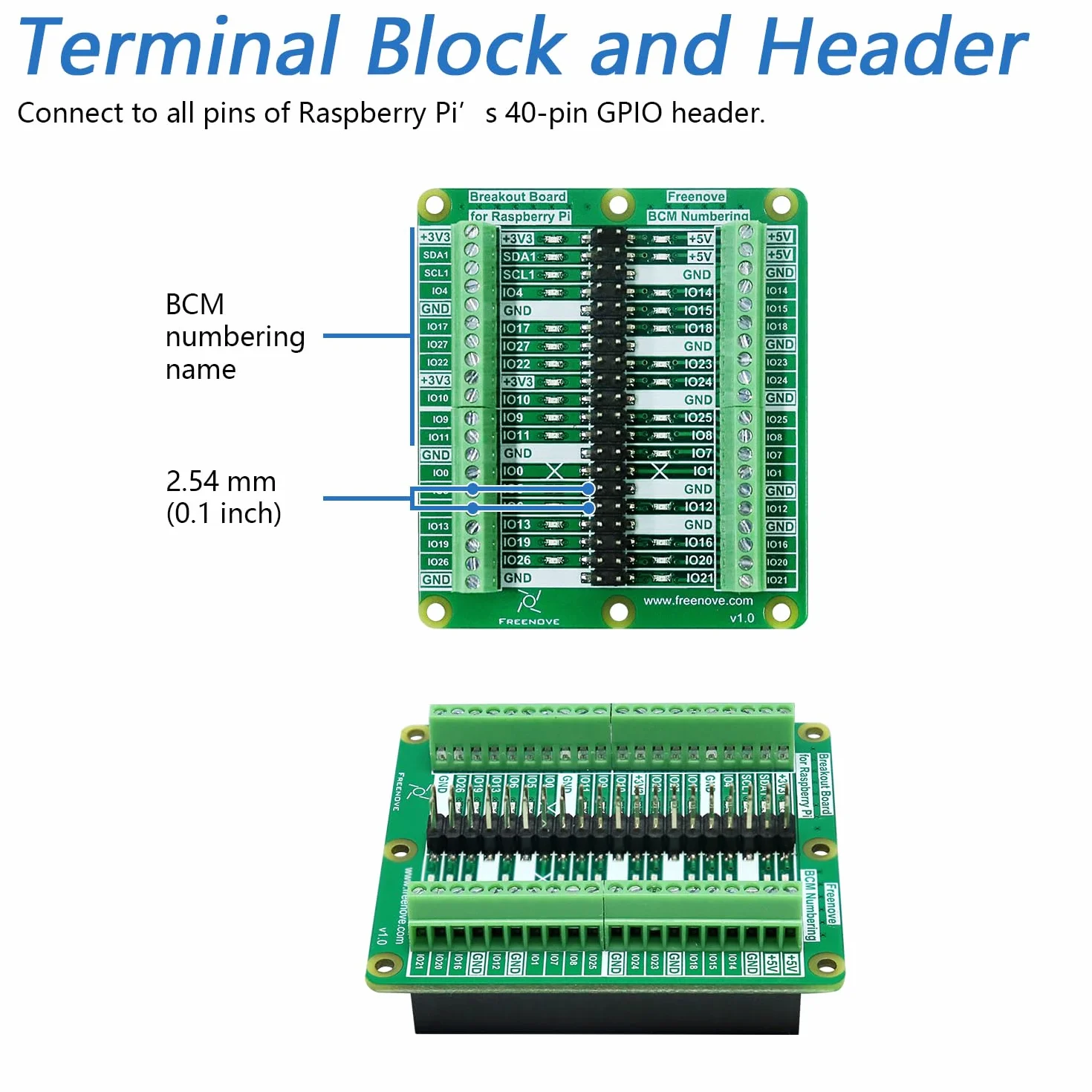 Freenove Breakout Board for Raspberry Pi 5, Terminal Block Shield Hat GPIO Status LED