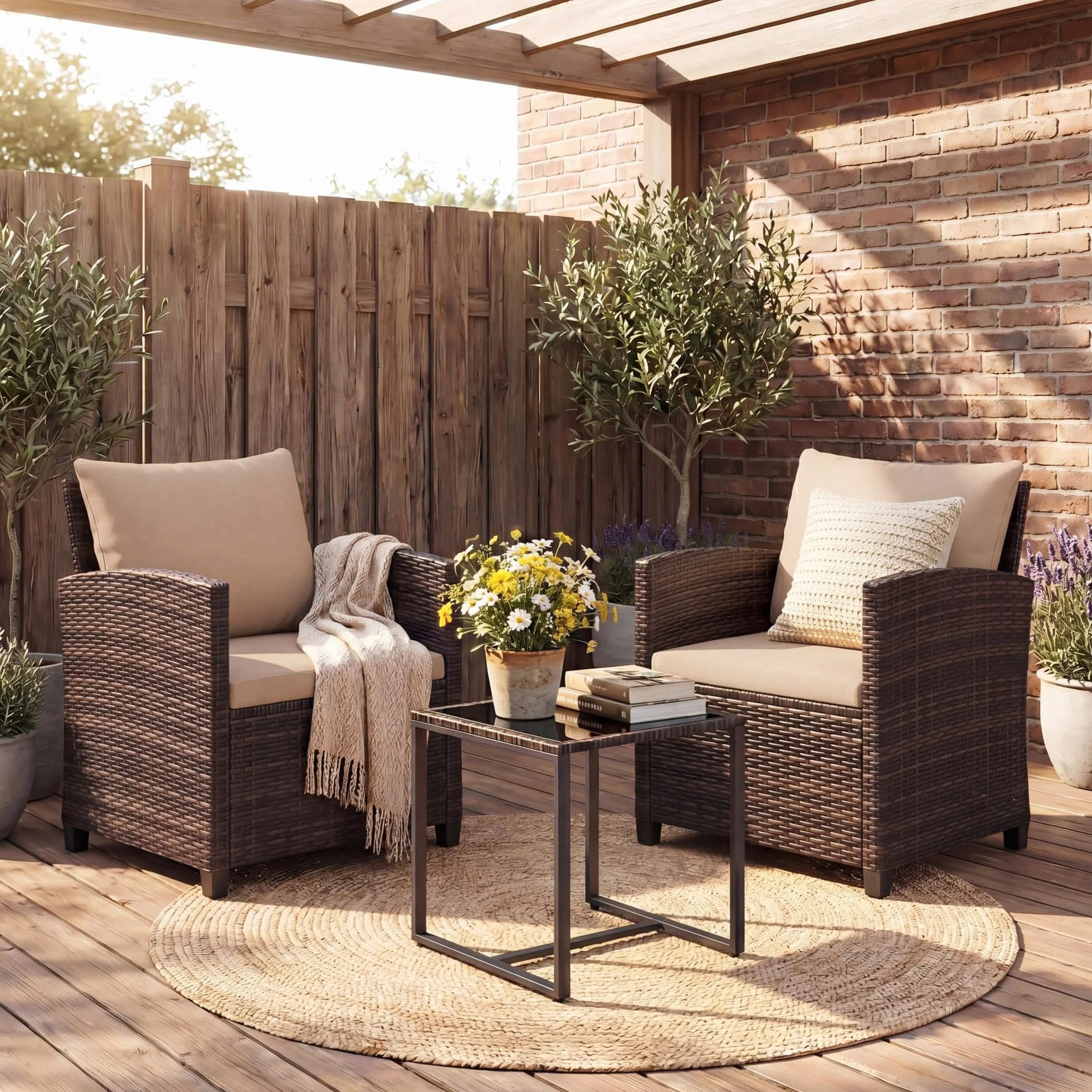 GIANTEX Juego de Muebles Jardín Exterior 3 Piezas, 2 Sillones con Cojines y 1 Mesa de Café de Vidrio, para 2 Personas, Conjunto de Conversación para Balcón, Terraza, Patio (Marrón+Café)