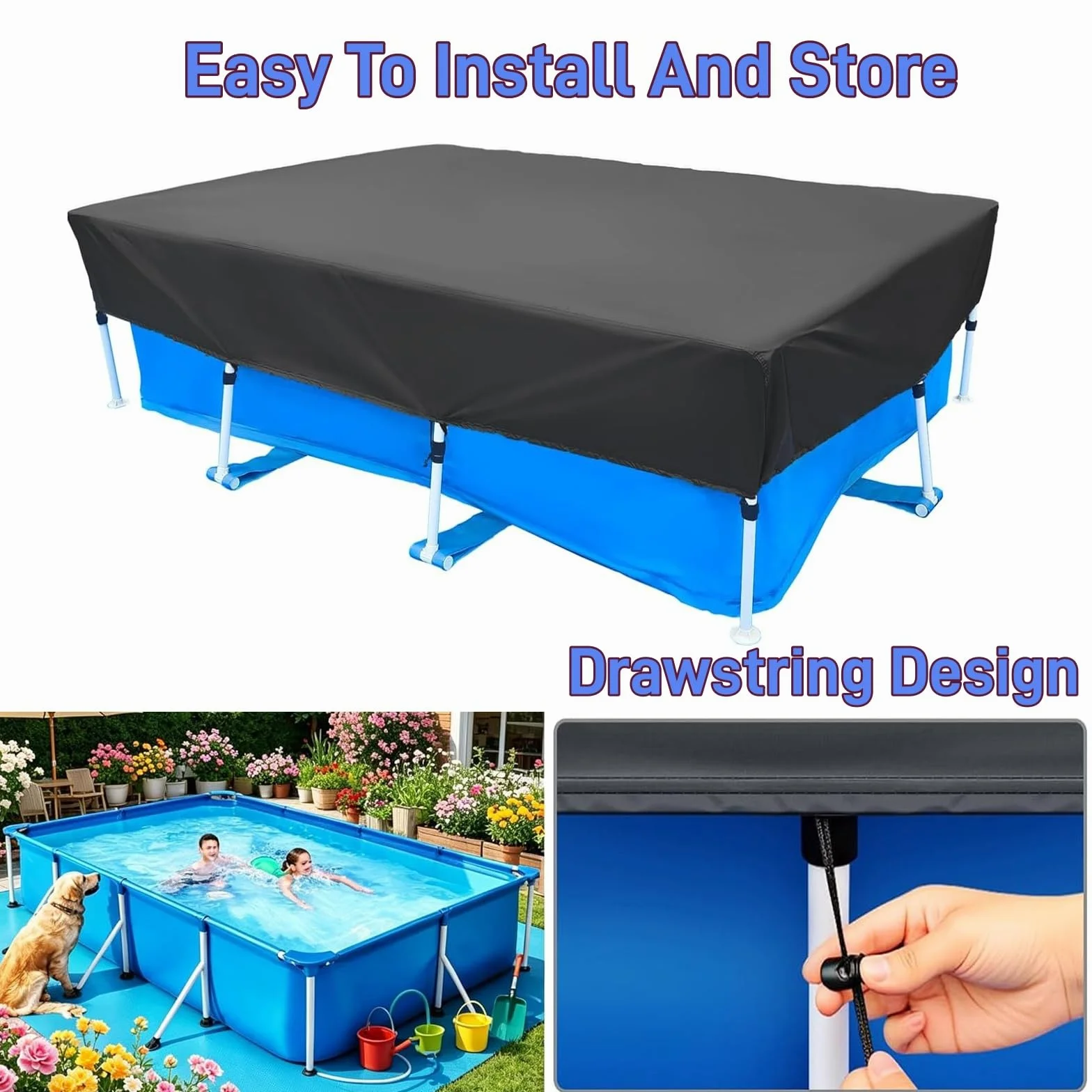 Cobertor de Invierno Rectangular 190 x 340 cm Resistente Anti-UV Cubierta Piscina Incluye Cordón de Agarre para Piscinas Rectangulares, Negro