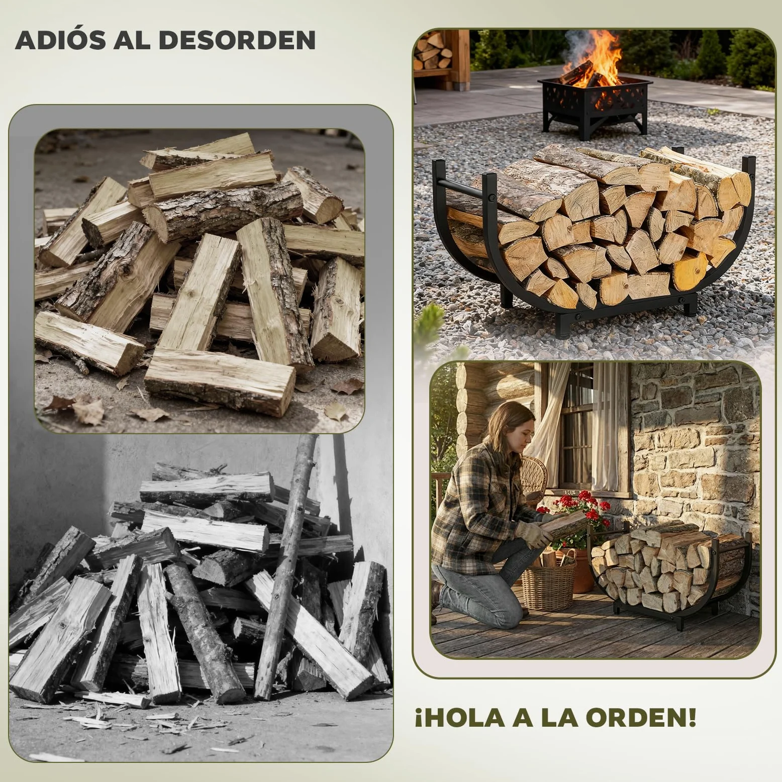 Estantería para Leña de Metal | Almacenamiento de Leña para Interior y Exterior | Soporte para Chimenea, Jardín, Camping y Autocaravana | Fácil Montaje, Negro