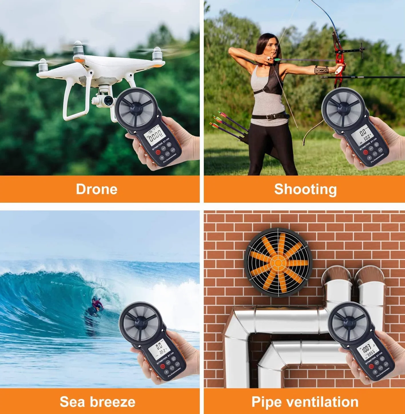 BTMETER BT-100 Anemómetro Portatil, Digital Anemómetro de Mano del viento de Pantalla LCD Medidor de Velocidad Viento Aire con Luz de Fondo MAX/MIN para Vela