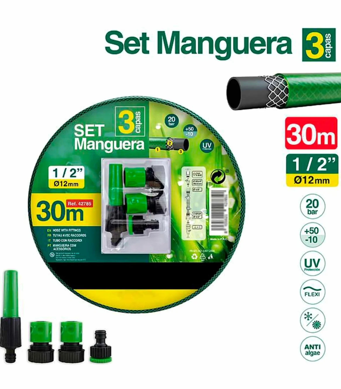 YIJIA | Manguera de jardín - Set Manguera con Conexión y Boquillas para Riego Reforzada 3 Capas, Presión de rotura de 20 bar - Diámetro Ø1/2" (12mm), Verde, Longitud de 30 Metros