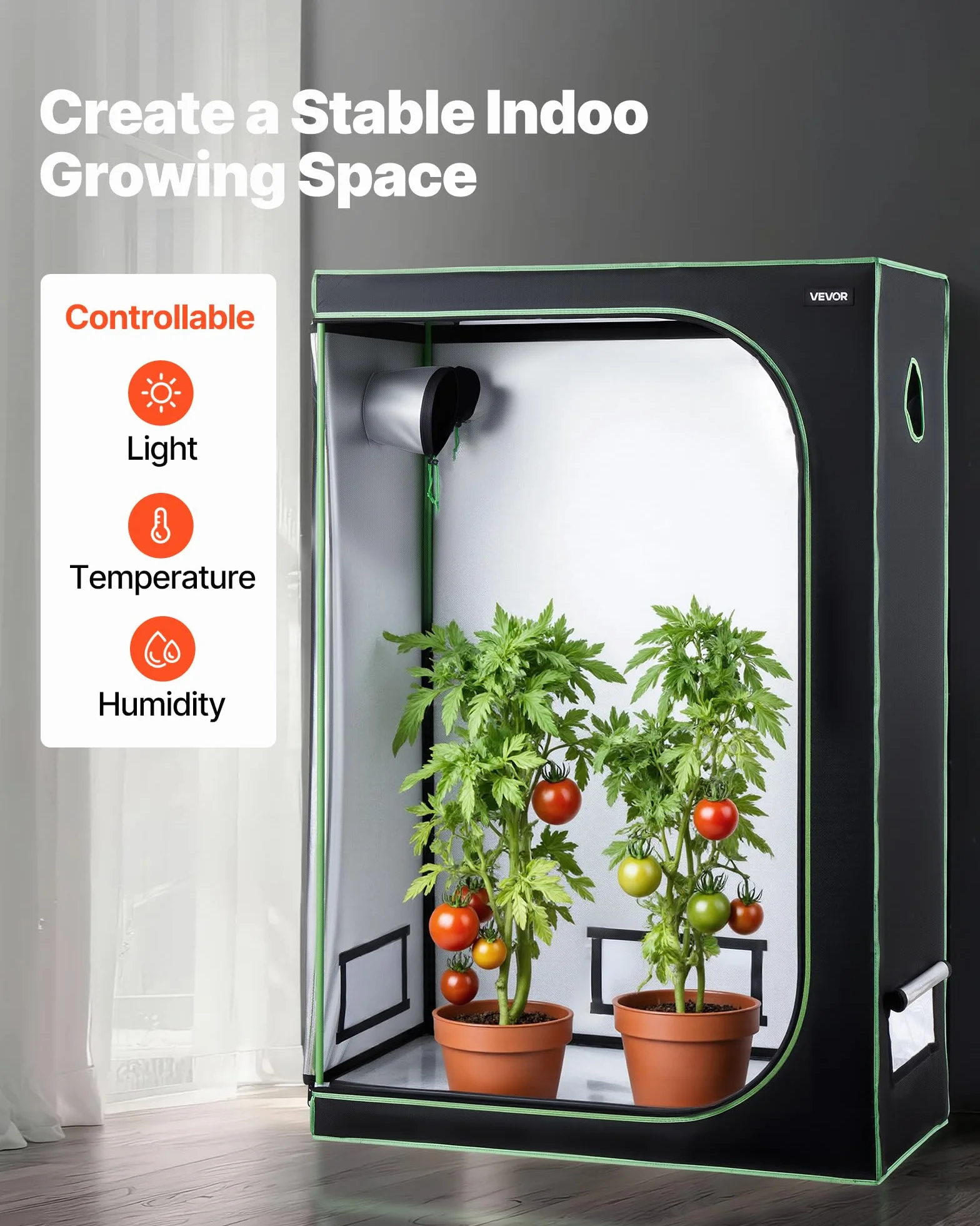 VEVOR Armario de Cultivo Interior 120x60x180 cm, Carpa de Cultivo con Ventana de Observación, Bandeja de Suelo y Cremallera, Mylar 600D de Alta Reflectancia, Tienda para Plantas, Flores, Verduras