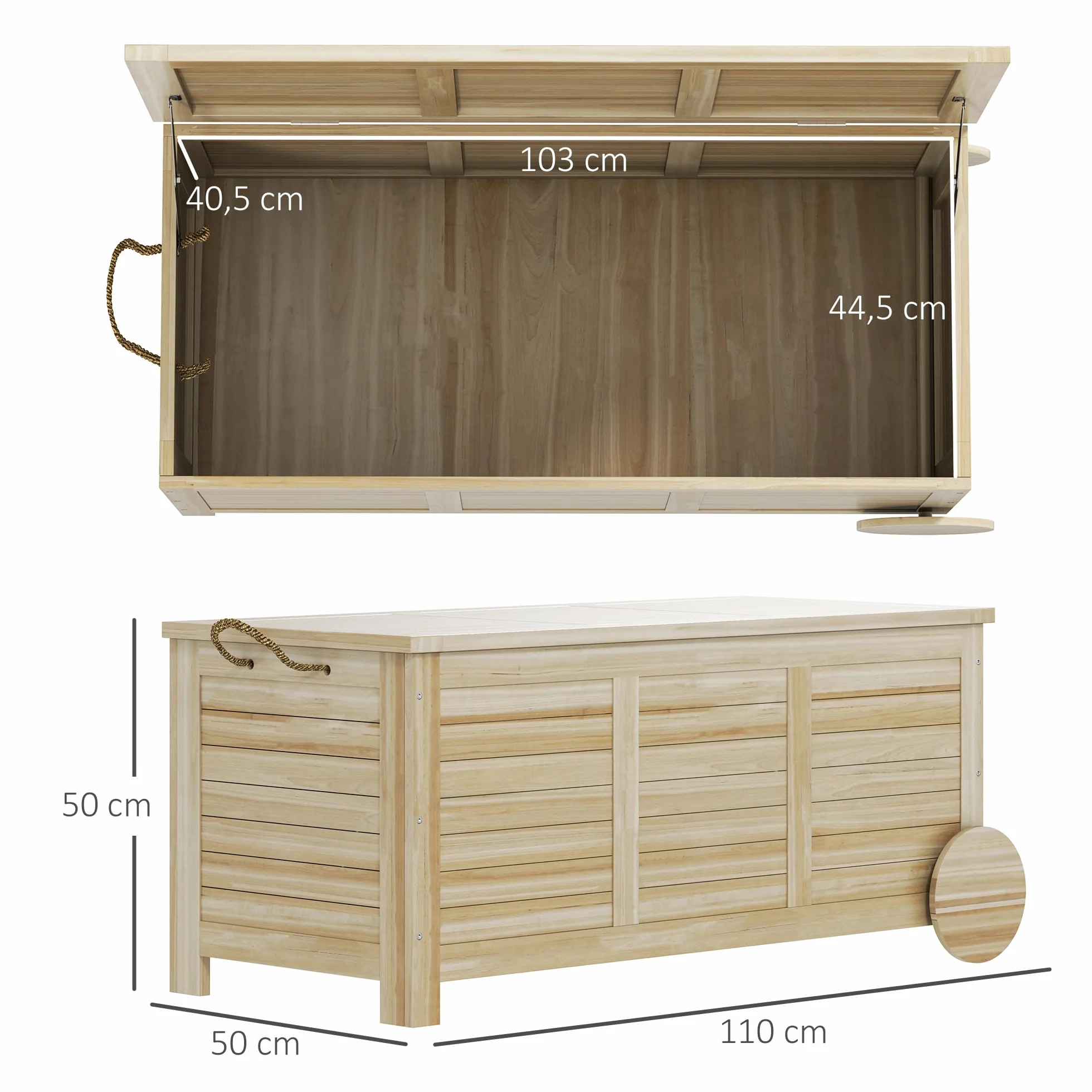 Outsunny Baúl de Almacenaje Exterior 185L, Arcón de Jardín de Madera con Tapa Abatible, 2 Ruedas, Bisagras Metálicas, Cuerdas de Lino y Forro Interior, 110x50x50 cm, Natural