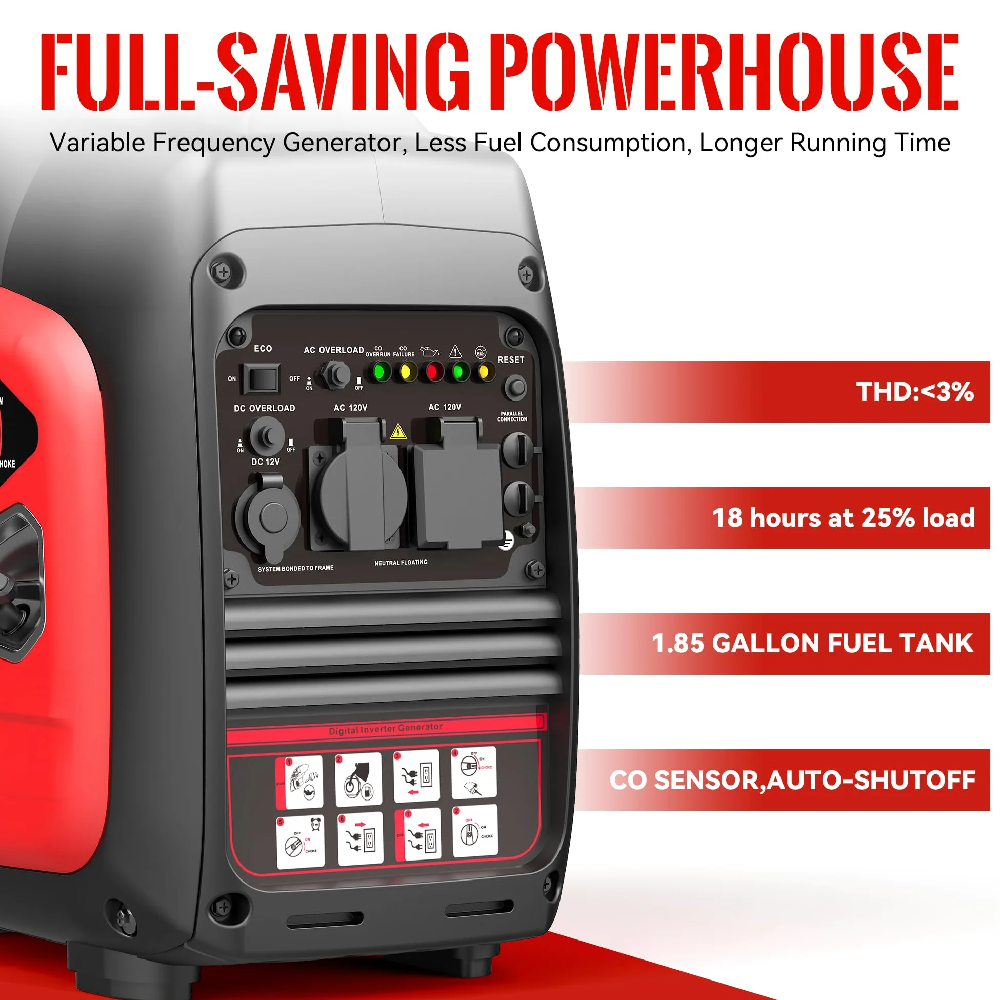Generador portátil de 3600 W, generador inversor súper silencioso, ultraligero para respaldo del hogar, campamento al aire libre, protección de sensor de CO, EPA, modo ECO