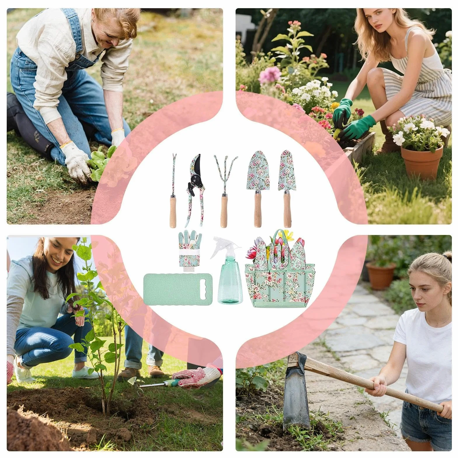 Juego De Herramientas De Jardinería, 10 Piezas Kit Jardineria Diseño De Rosas con Herramientas De Almacenamiento, Fabricado En Acero Inoxidable, Ideal para Mujeres Y Hombres