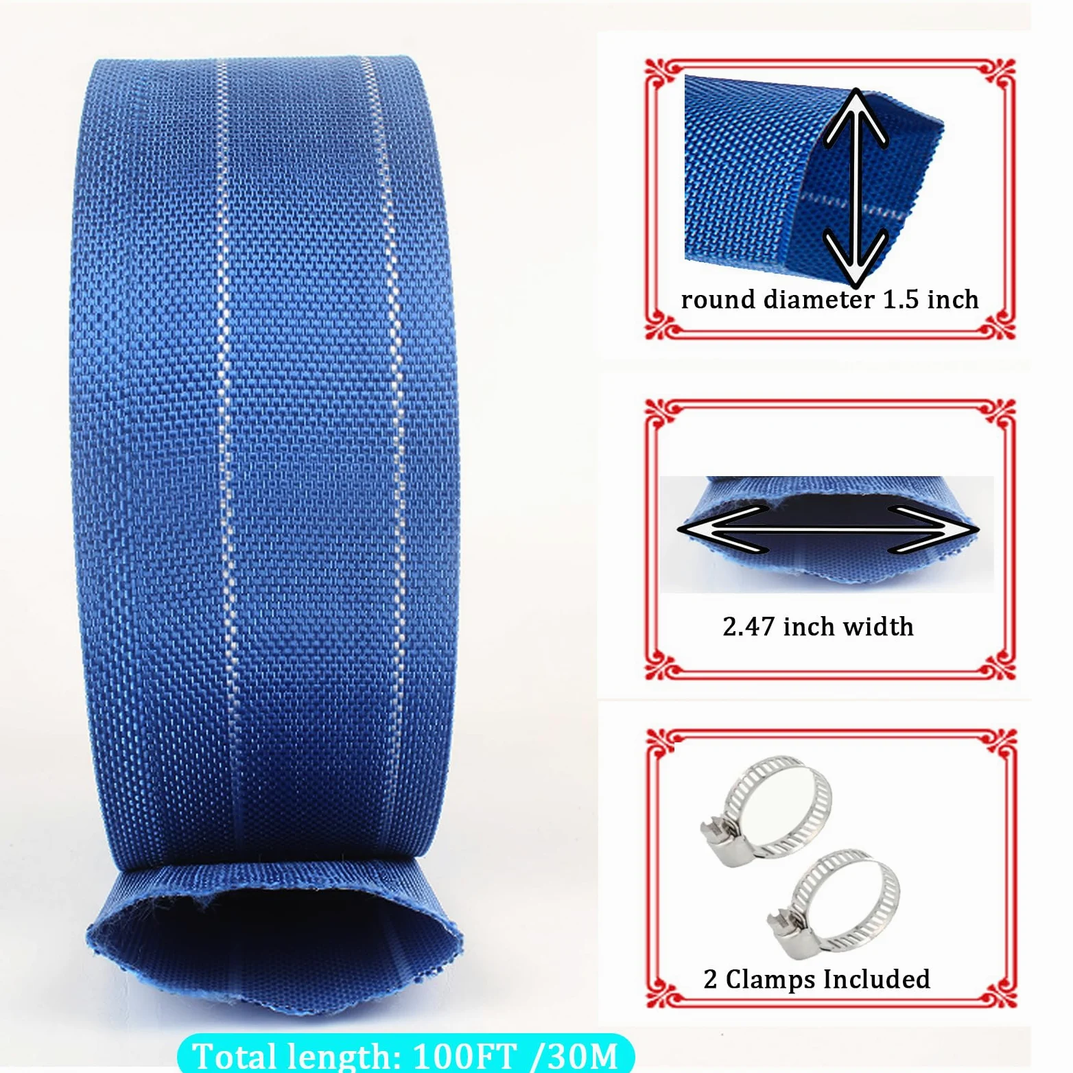 Manguera de retrolavado para piscina, manguera de PVC resistente, manguera de descarga plana, tubo de drenaje flexible para drenaje de piscina, con 2 abrazaderas (1.5 pulgadas x 100 pies)