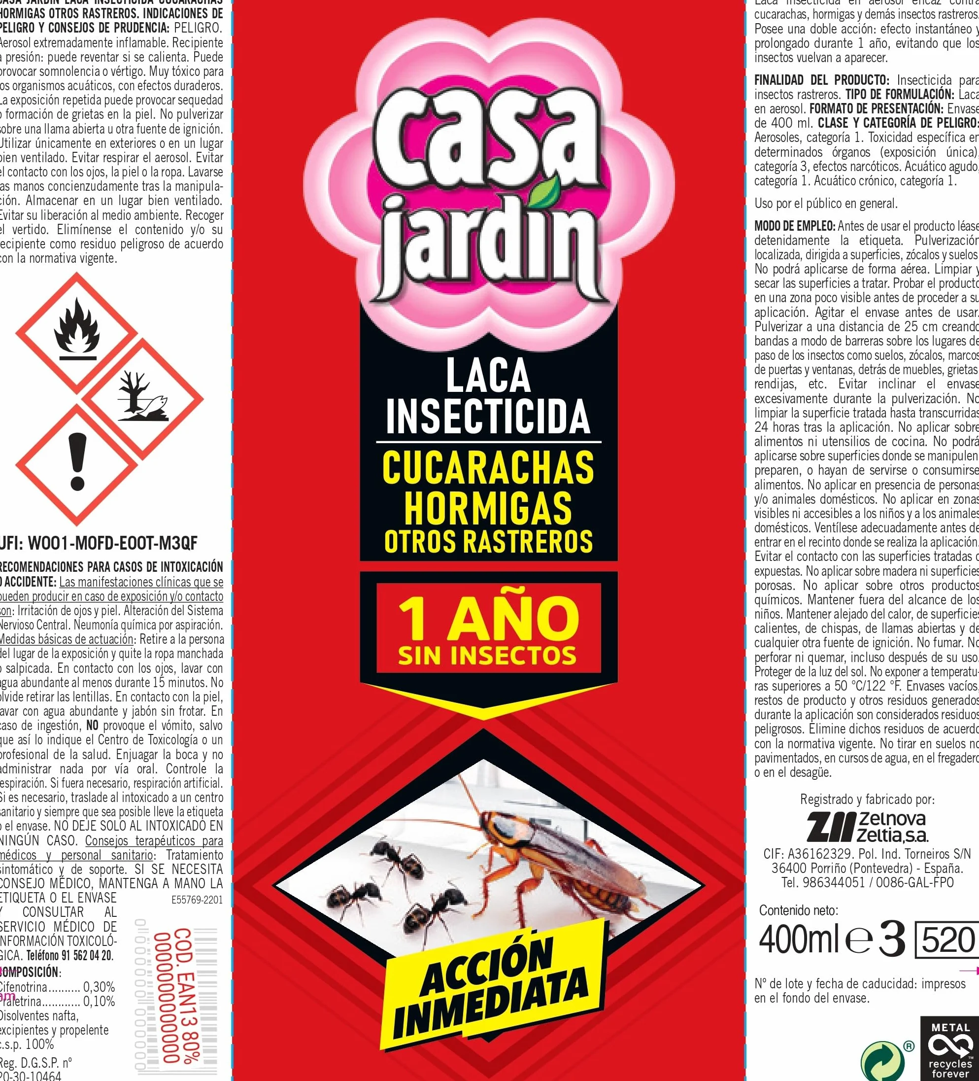 CASA JARDIN | Aerosol Insecticida | Spray con Acción Inmediata y Efecto Duradero | Cucarachas, Hormigas y Otros Rastreros | Hogar Libre de Insectos | 1 Año Sin Insectos | 400 ml