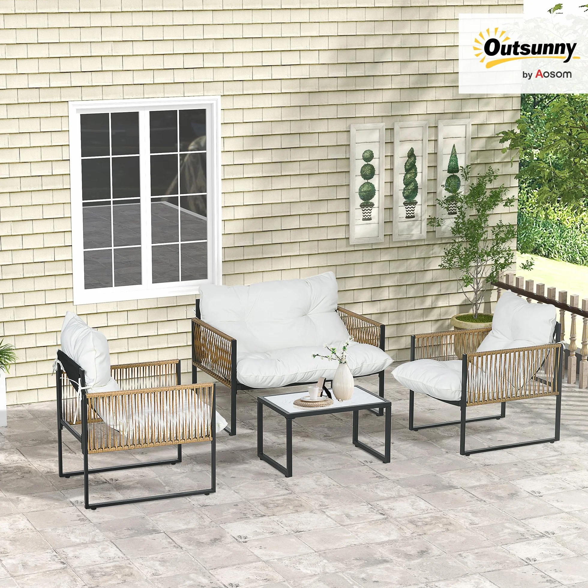 Outsunny Conjunto Jardín Exterior de Ratán, Muebles Jardín Exterior para 4 Piezas, Muebles Terraza con 1 Sofá de 2 Plazas, 2 Sillones, Cojines y 1 Mesa de Tablero de Vidrio, para Patio, Crema y Marrón
