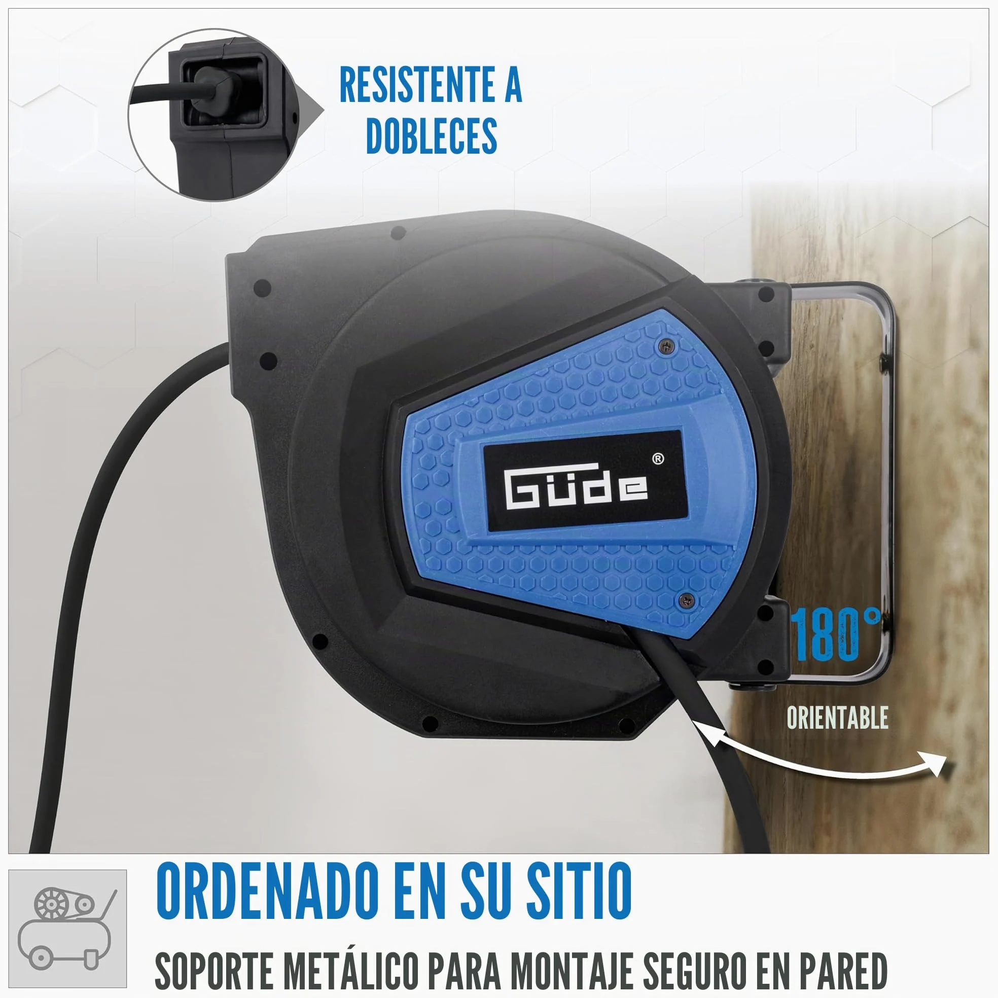 Güde Carrete de manguera automático de 10 m (presión de trabajo 12 bar, giratorio 180°, manguera de aire comprimido altamente flexible resistente al aceite y a la temperatura, rosca de conexión de