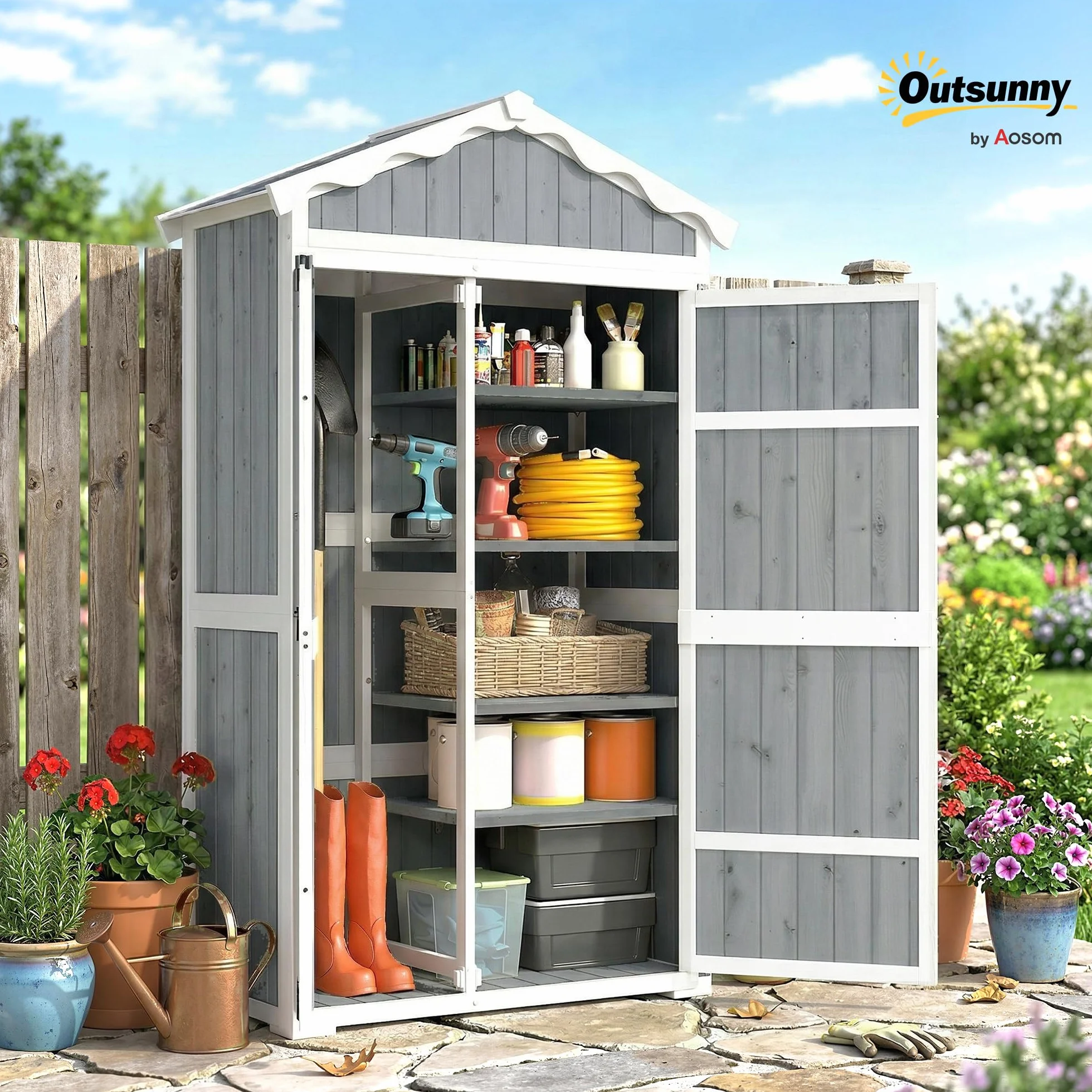 Outsunny Caseta de Jardín de Madera 105x55x179 cm Cobertizo Jardín Exterior Impermeable Armario Exterior Herramientas con Puertas 4 Estantes Extraíbles Techo Metal Galvanizado Pies Ajustables Gris
