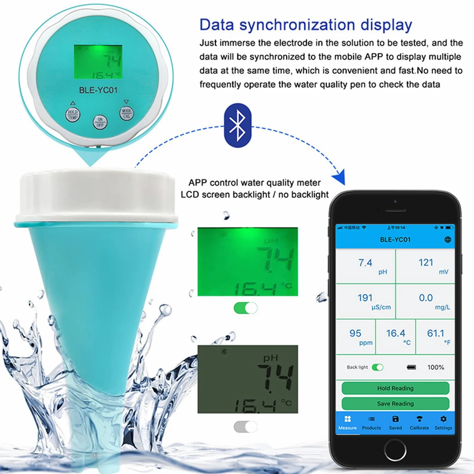 Monitor de Piscina Bluetooth 6 en 1, Probador de Piscina Ph Ec Tds Orp Temp Analizador de Calidad de Agua Residual con Sonda Medidor de Prueba Digital Para Agua Potable Piscina Acuario Hidroponía