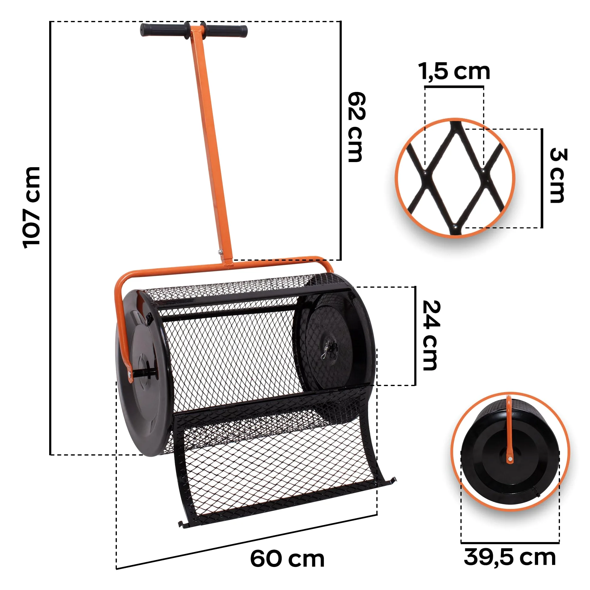 BOUDECH Spreader – Esparcidor de rodillo de jardín 60 x 107 x 39,5 cm para abono y siembra, jaula de metal naranja