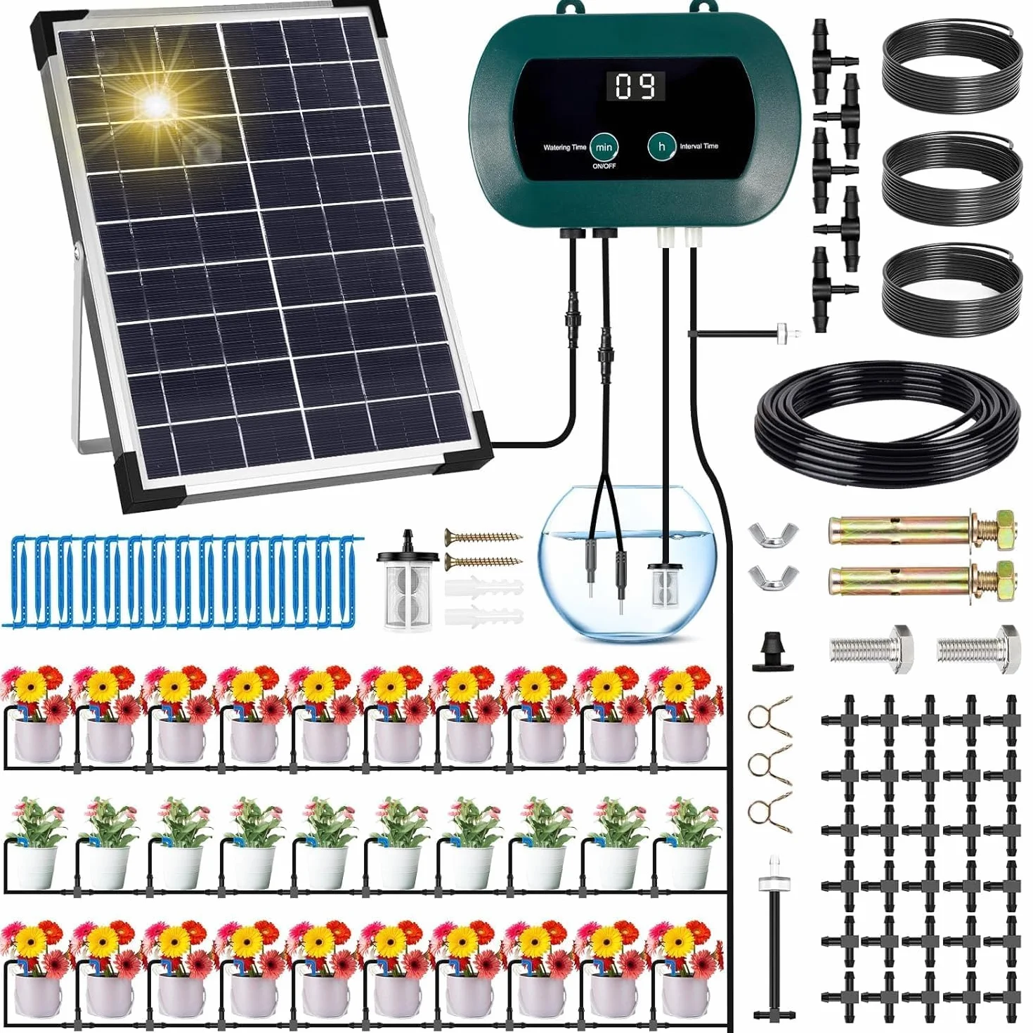 Kit de Riego por Goteo Automático Energía Solar, Sistema de Riego Automático Solar, Sistema de Riego Automático de Jardín con Temporizador e Tubo Lungo 35M para Jardín, Plantas de Balcón