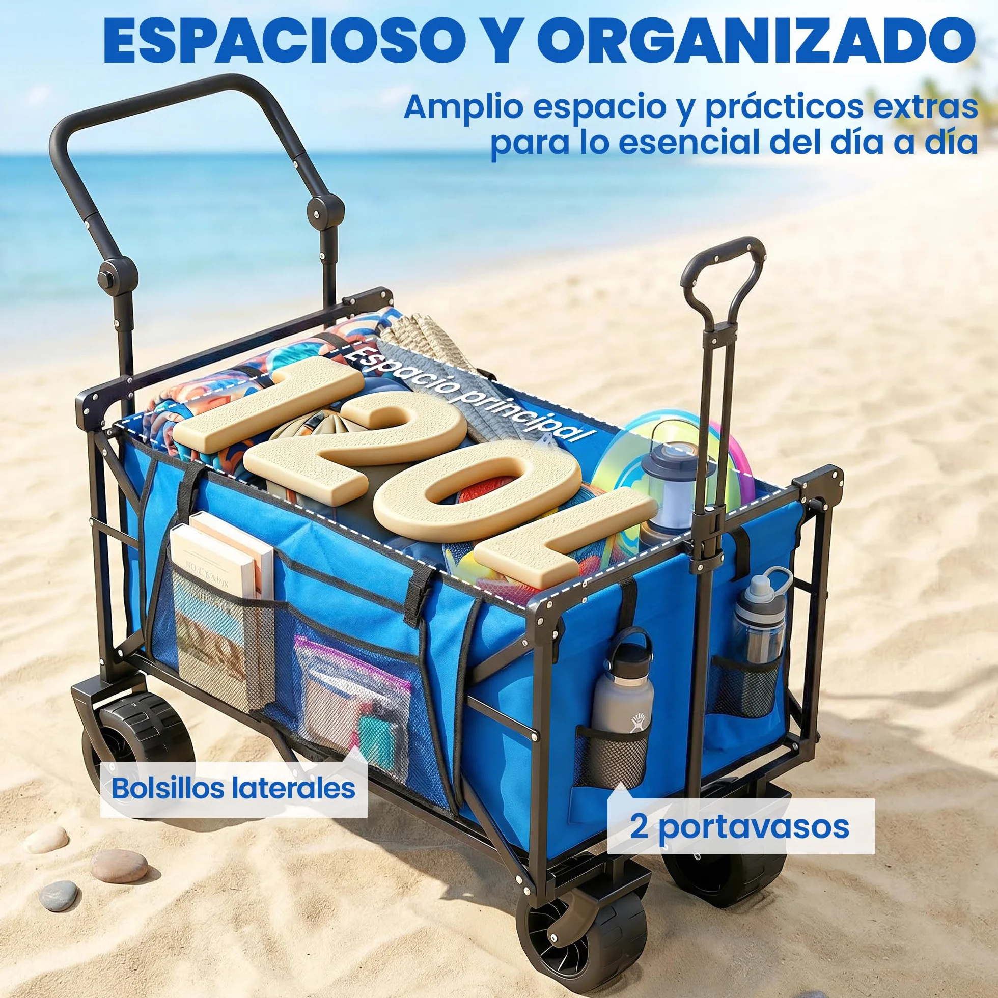 Outsunny Carro Playa con Ruedas Grandes con Freno, Techo Extraíble, Carro Plegable para Jardín con Barra Ajustable, Portavasos y Bolsillos, Carga 100 kg, para Todo Terreno, Campaña, Compras, Azul