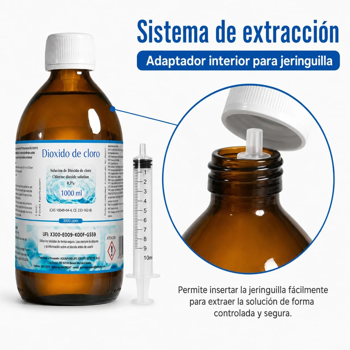 Dioxido de Cloro 3000ppm - CDS 0,3% - Envasado en Botella Cristal Ambar - Fabricado en España (1000ml)