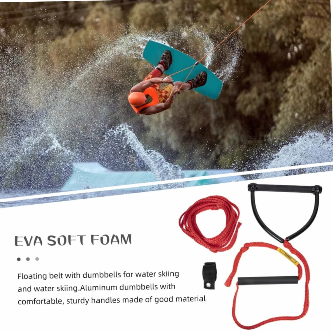 Cuerda para Wakeboard con Mango, Esquí Acuático, Remolque, 24 Pies, Rojo