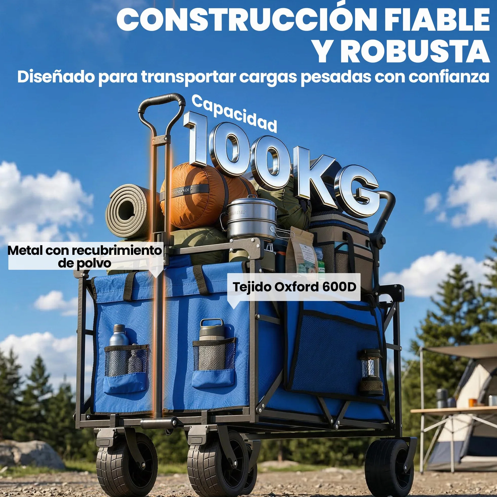 Outsunny Carro Playa con Ruedas Grandes con Freno, Techo Extraíble, Carro Plegable para Jardín con Barra Ajustable, Portavasos y Bolsillos, Carga 100 kg, para Todo Terreno, Campaña, Compras, Azul