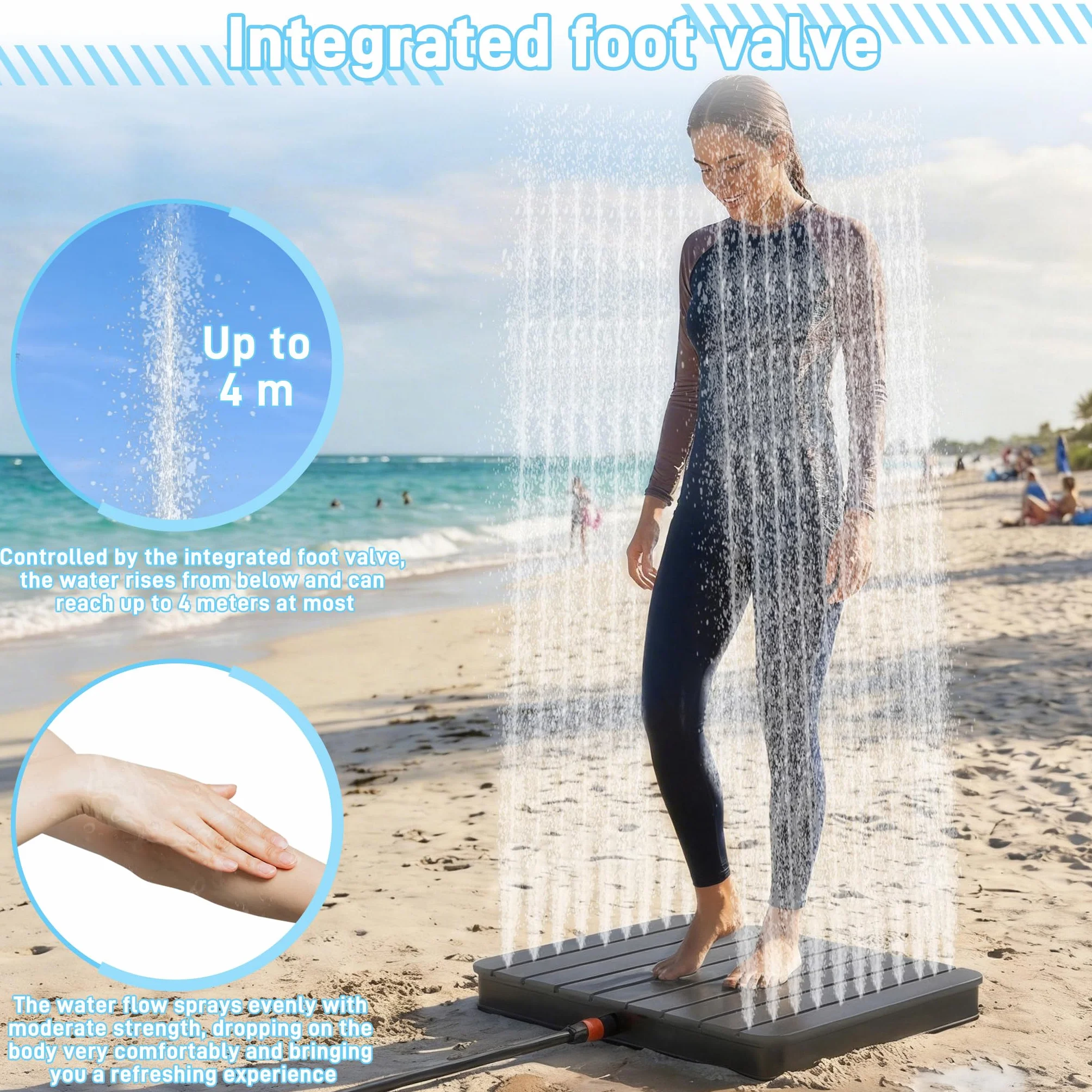 UISEBRT WPC Ducha de jardín con ruedas hasta 4 m de altura de la fuente, antideslizante, resistente a la intemperie y a las heladas y a los rayos UV, ducha exterior para piscina, camping, sauna