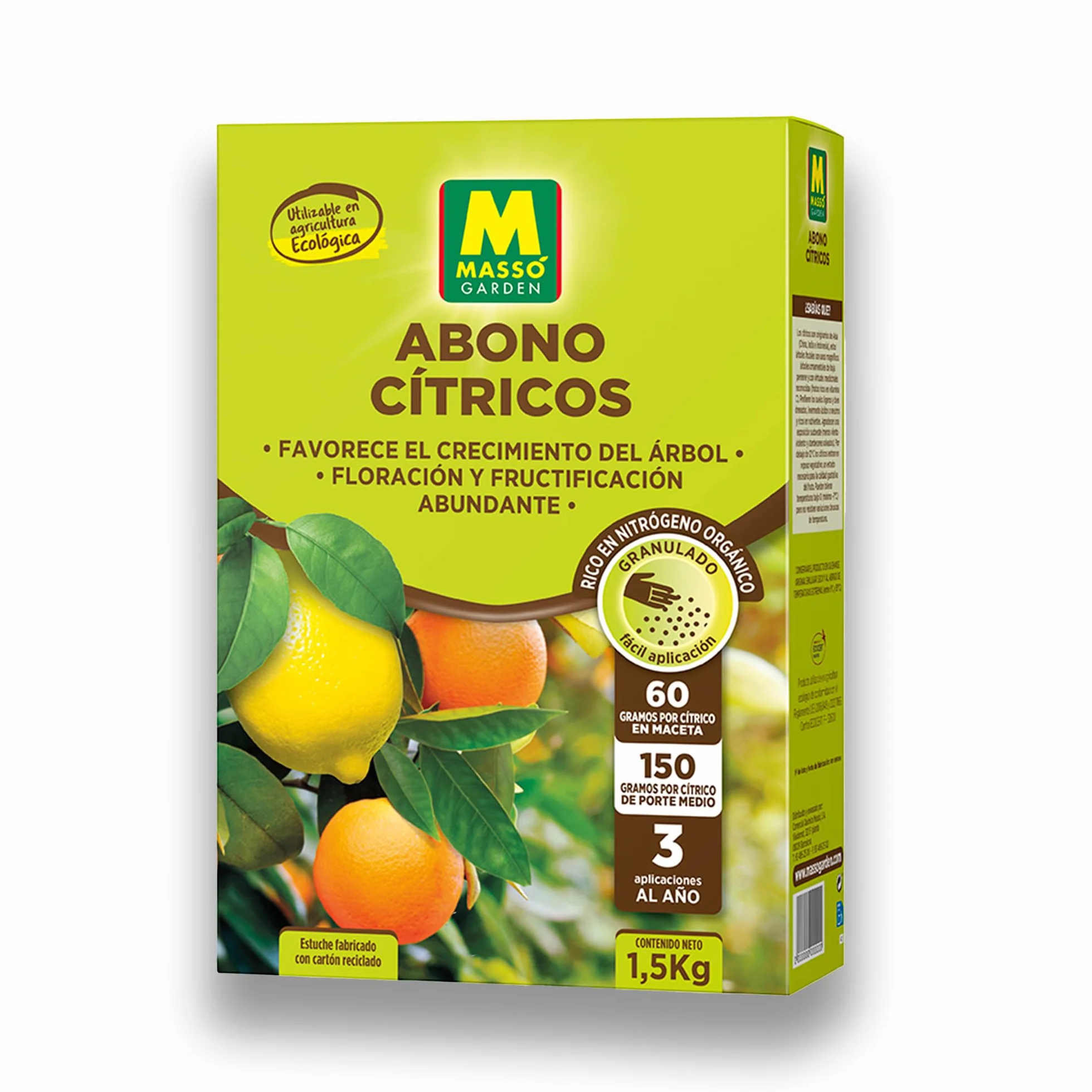 Abono ECOLÓGICO para Cítricos (Limoneros, Mandarinos, Naranjos...) de Gran Efecto Reverdesciente y Capacidad para Mejorar Frutos | Envase 1,5 KG | Apto Aplicación en Maceta y Suelo | Nexum Market