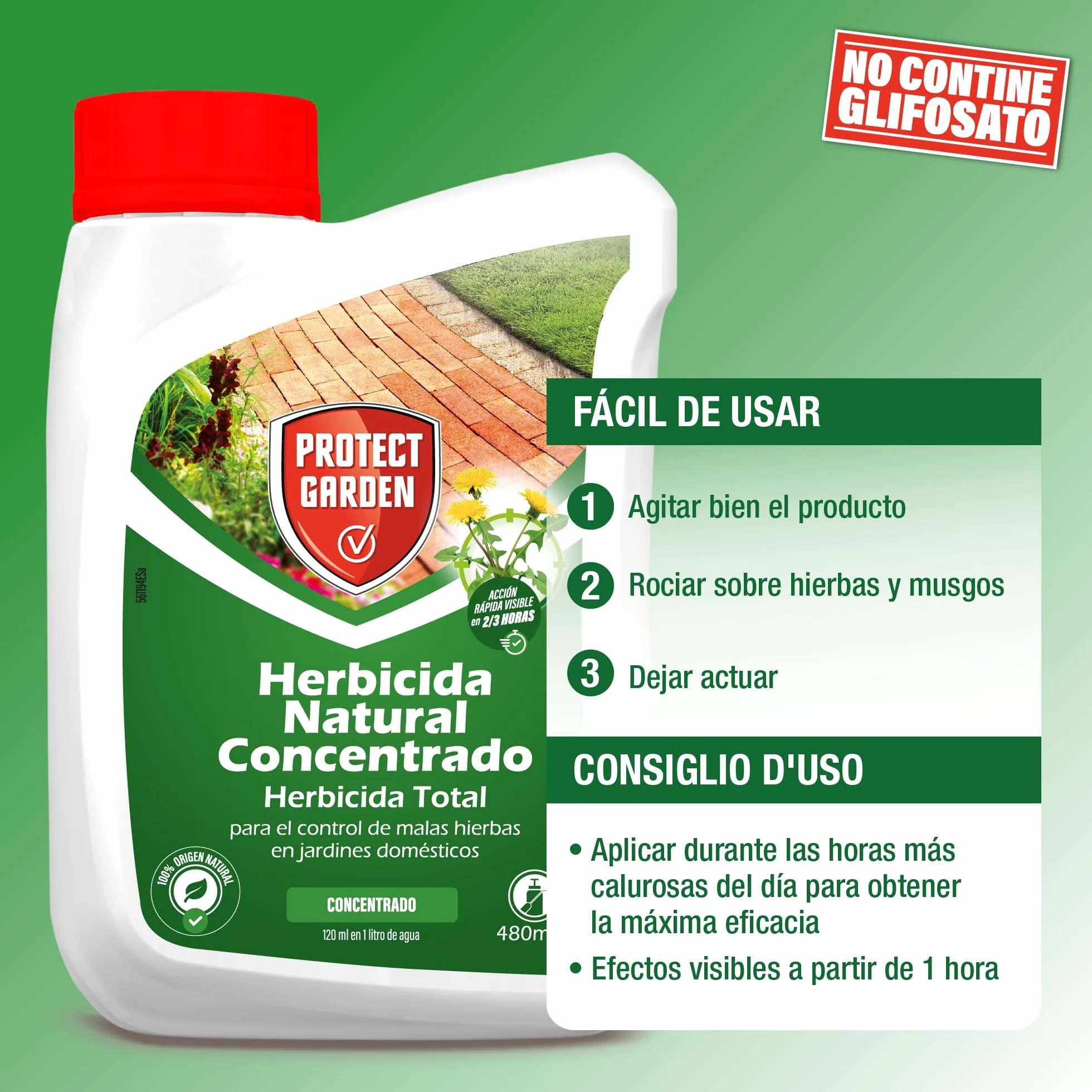 Protect Garden, Herbicida total de origen natural. Alternativa al glifosato de origen 100% natural. Acción rápida visible hasta 4 semanas. 480ml