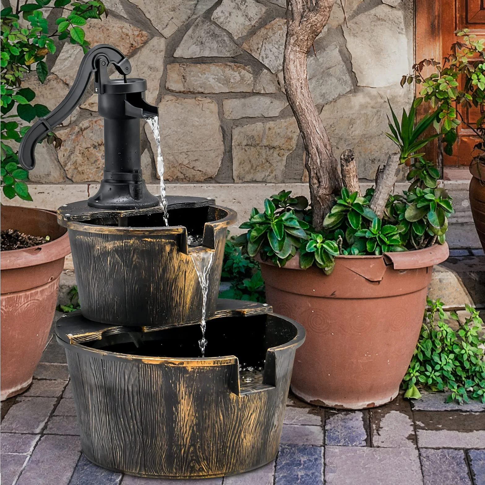 COSTWAY Fuente de Cascada de Barril al Aire Libre de 2 Niveles, Rústica con Bomba Ajustable, 68 cm para Jardín, Patio, Decoración