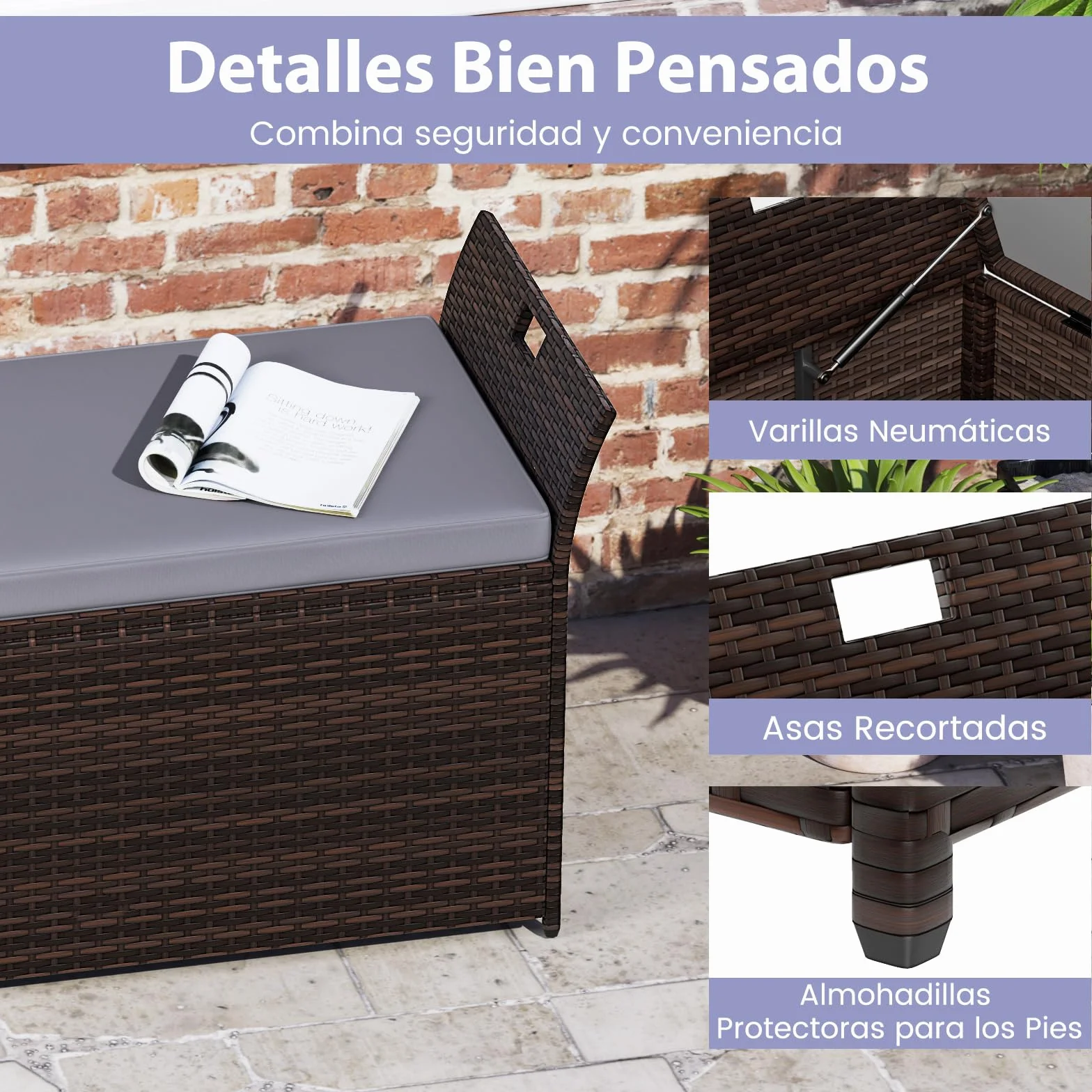 COSTWAY Banco Exterior con Ratán PE, Banco Almacenaje Exterior con Cojín y Manijas Laterales, Baul Almacenaje,125 x 56 x 71 cm, Marrón Rústico