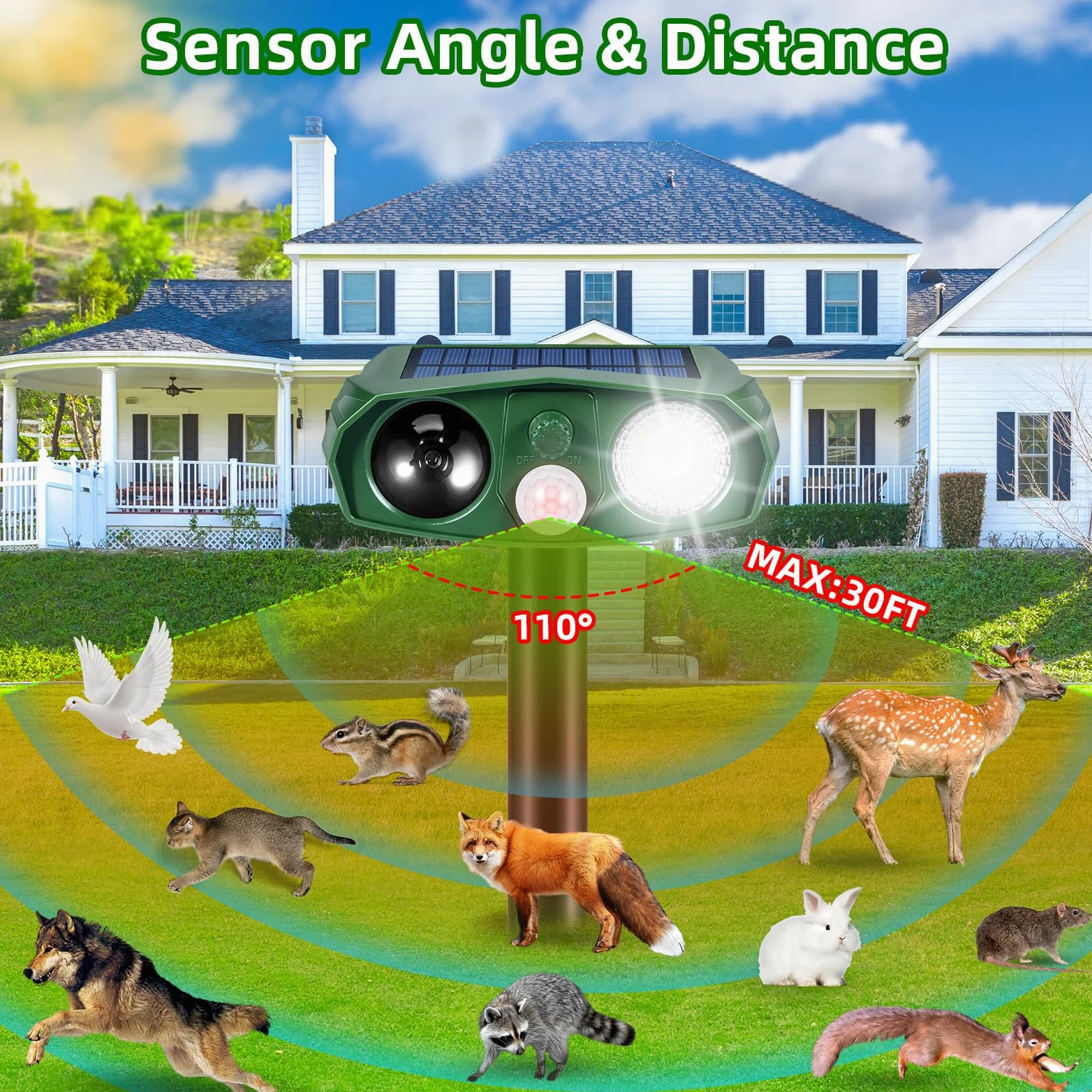 Paquete de 4 repelentes solares ultrasónicos de animales para exteriores, dispositivos disuasorios de ciervos con sensor de movimiento, repelente solar de ganso